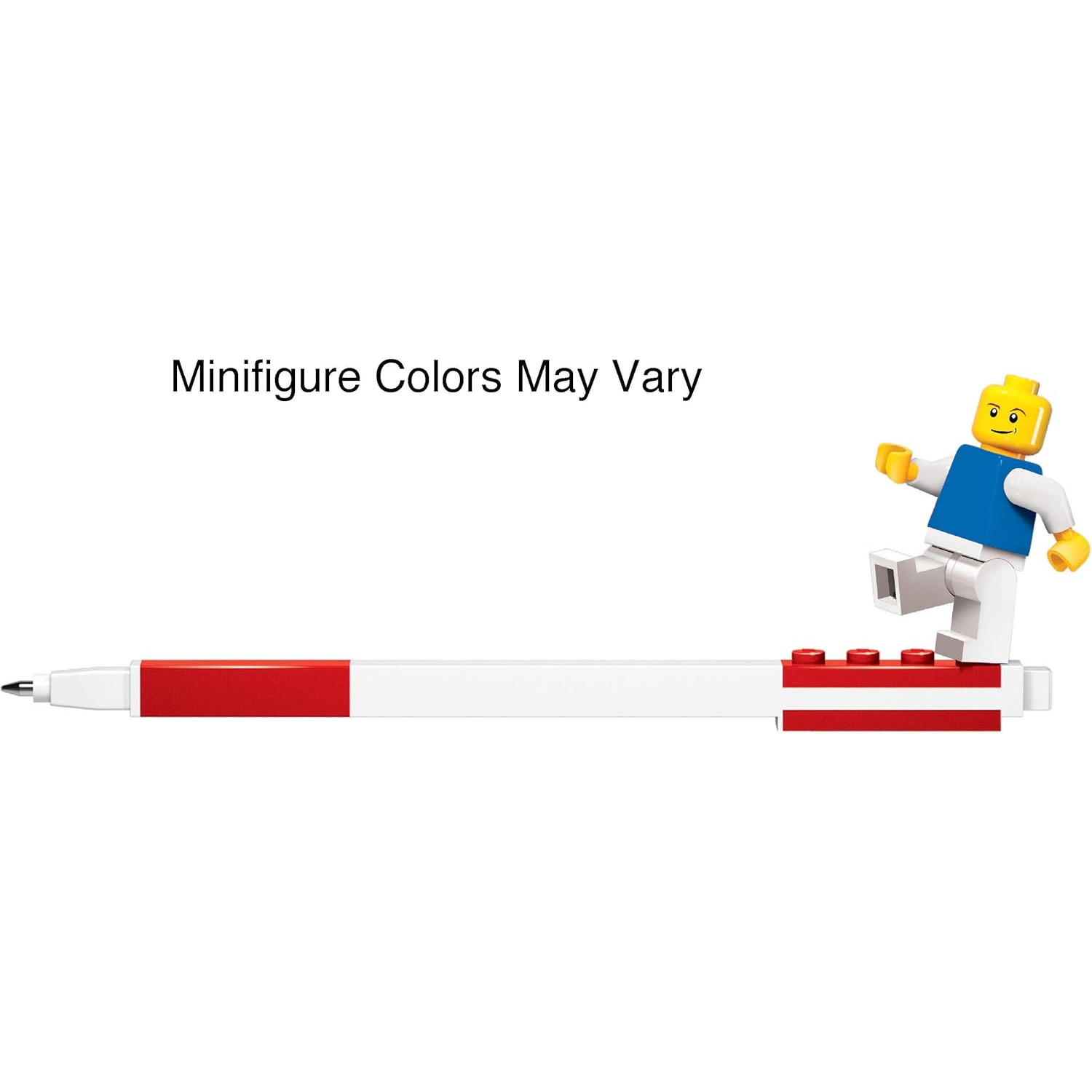 Una figura de Lego sobre un bolígrafo blanco con ladrillos de Lego rojos.
