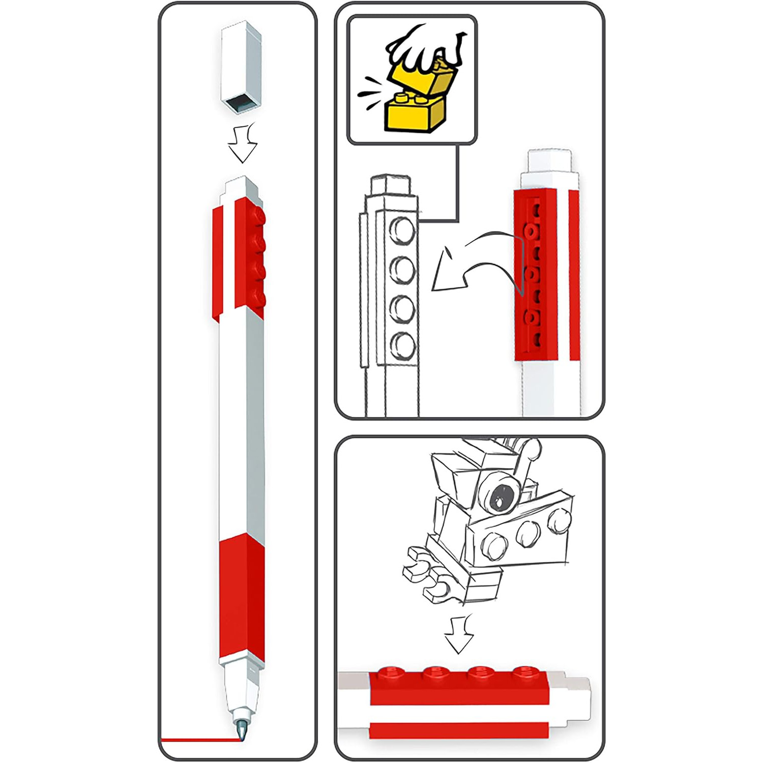 Instrucciones para armar un bolígrafo estilo Lego con piezas rojas y blancas.