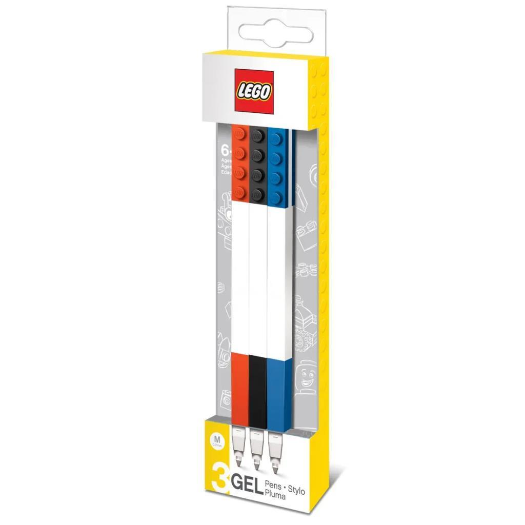 Set di penne gel Lego con tre penne rosse, nere e blu.