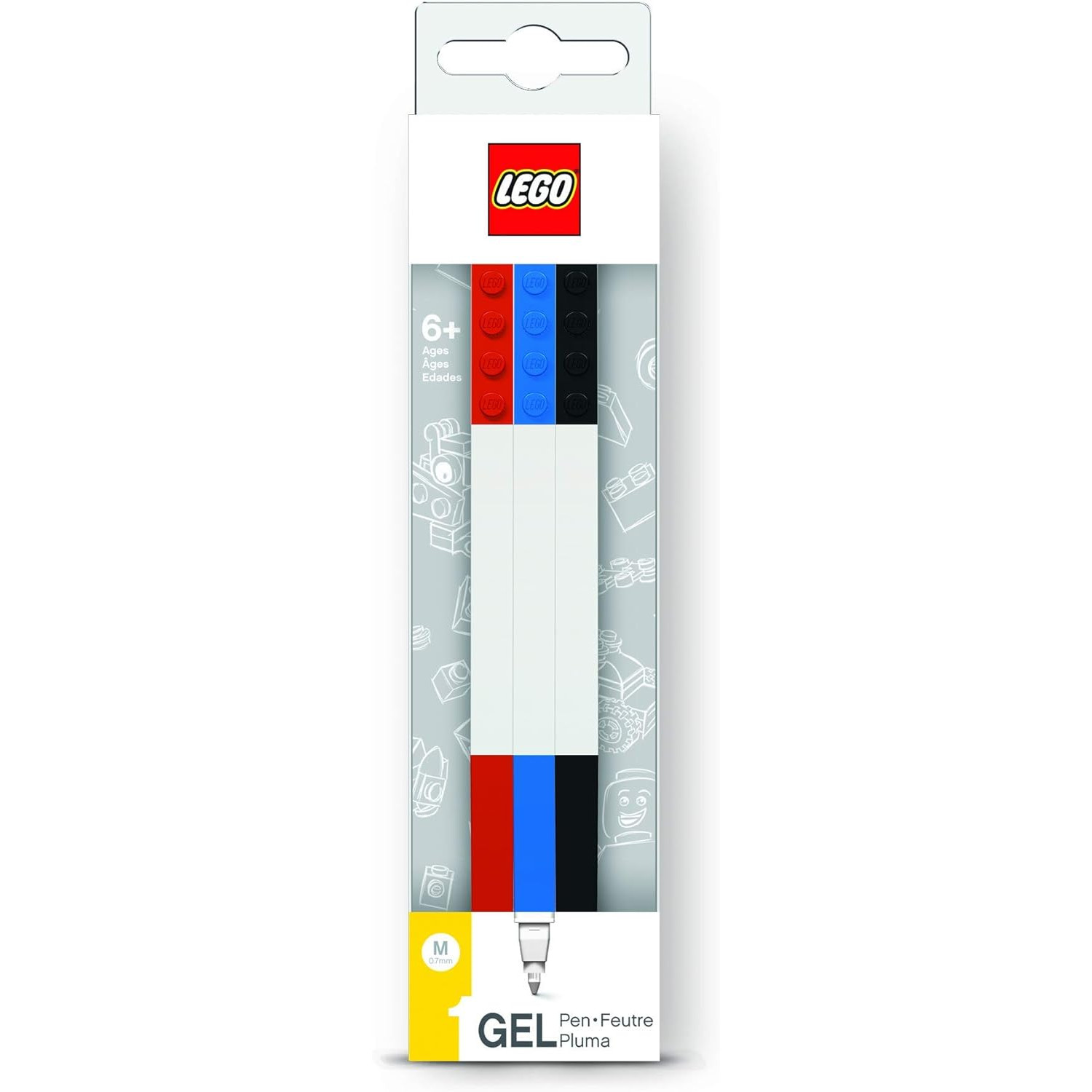 Confezione per una penna gel LEGO con accenti rossi, blu e neri.