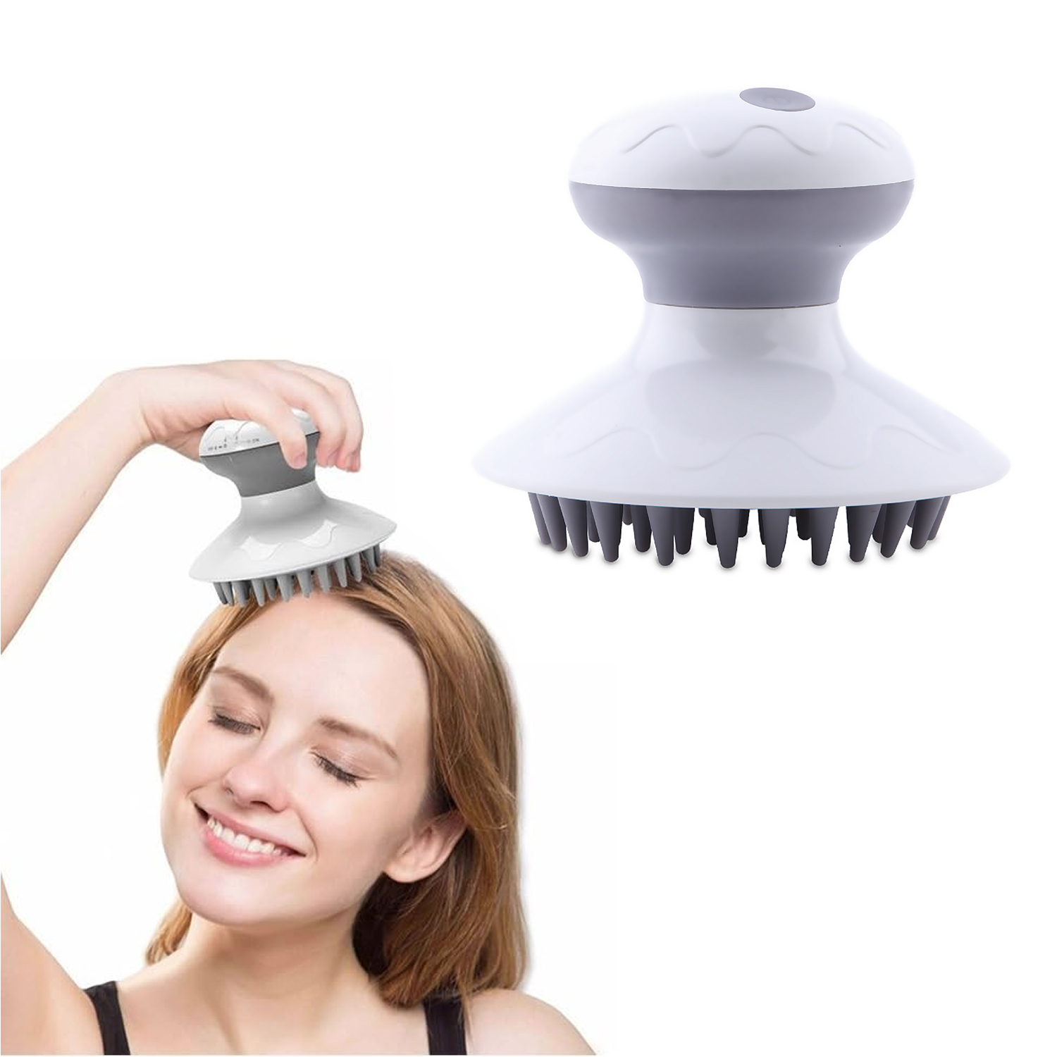Donna con gli occhi chiusi usa un massaggiatore per cuoio capelluto bianco e grigio.
