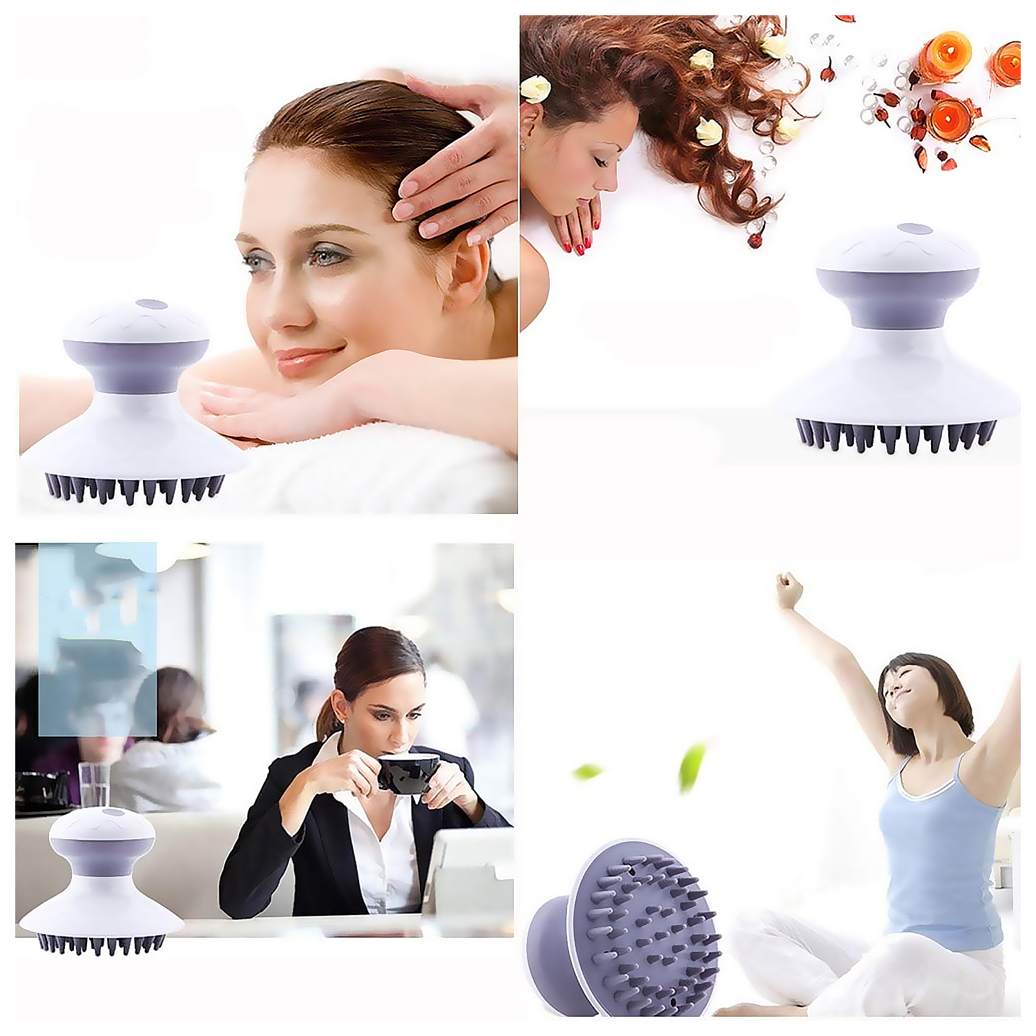 Massaggiatore per cuoio capelluto con setole in silicone, benessere, donna beve caffè.