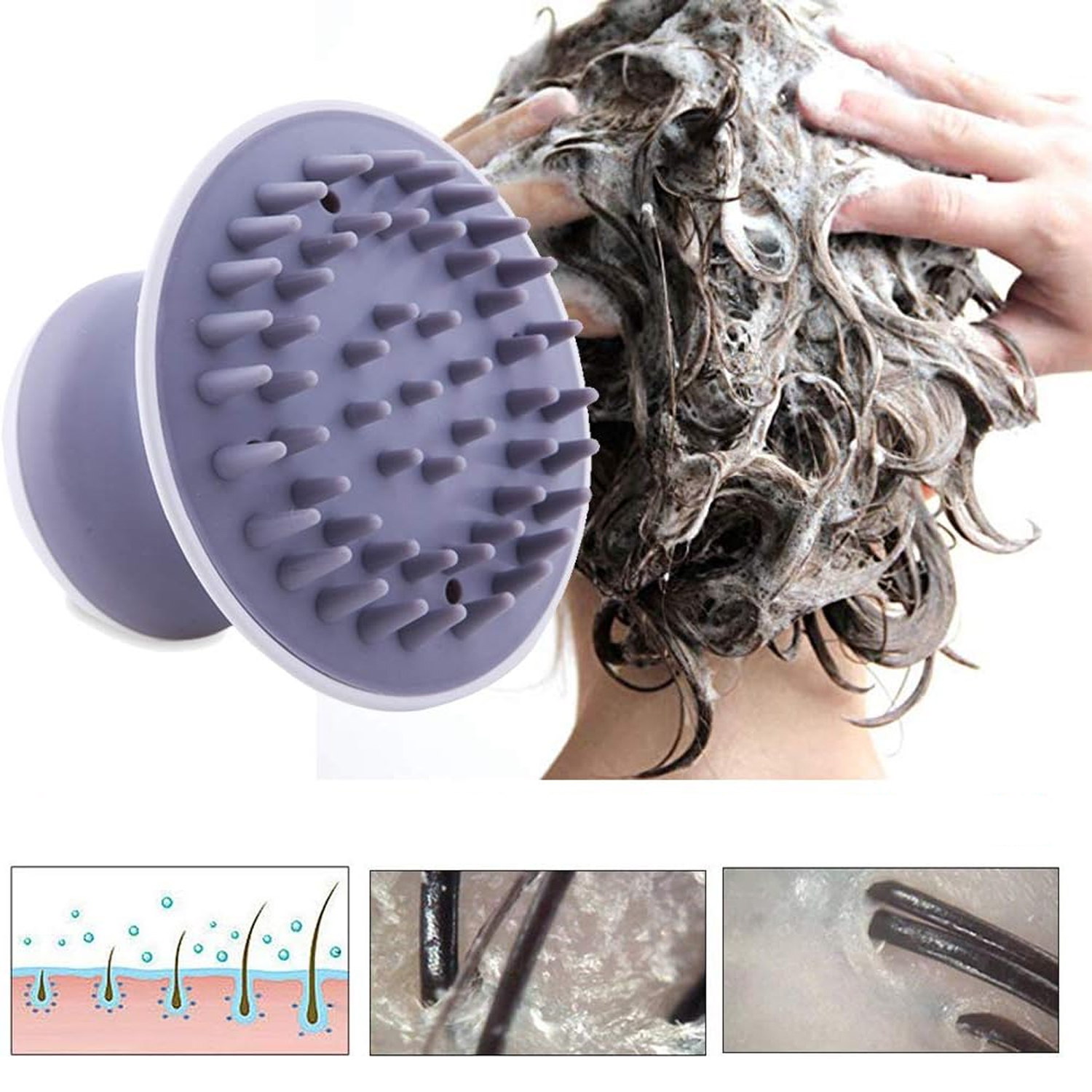 Spazzola viola per cuoio capelluto vicino a capelli schiumosi.
