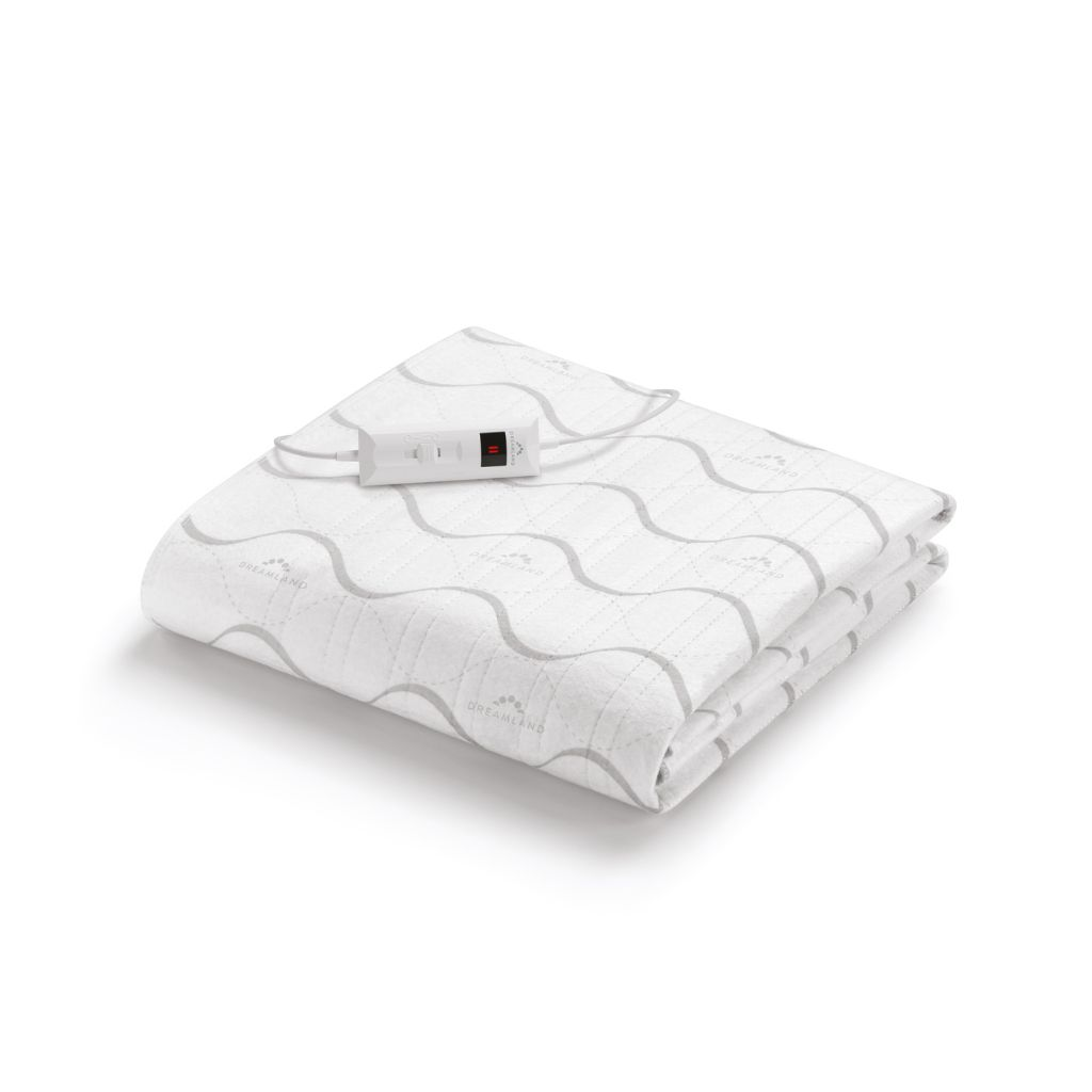 A folded white electric blanket with gray wavy lines and a white controller.