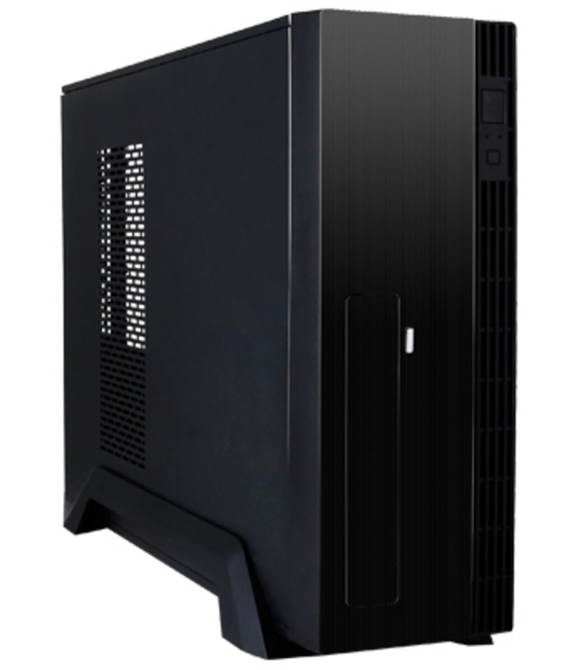 Un case per computer nero su un supporto con fessure di ventilazione.