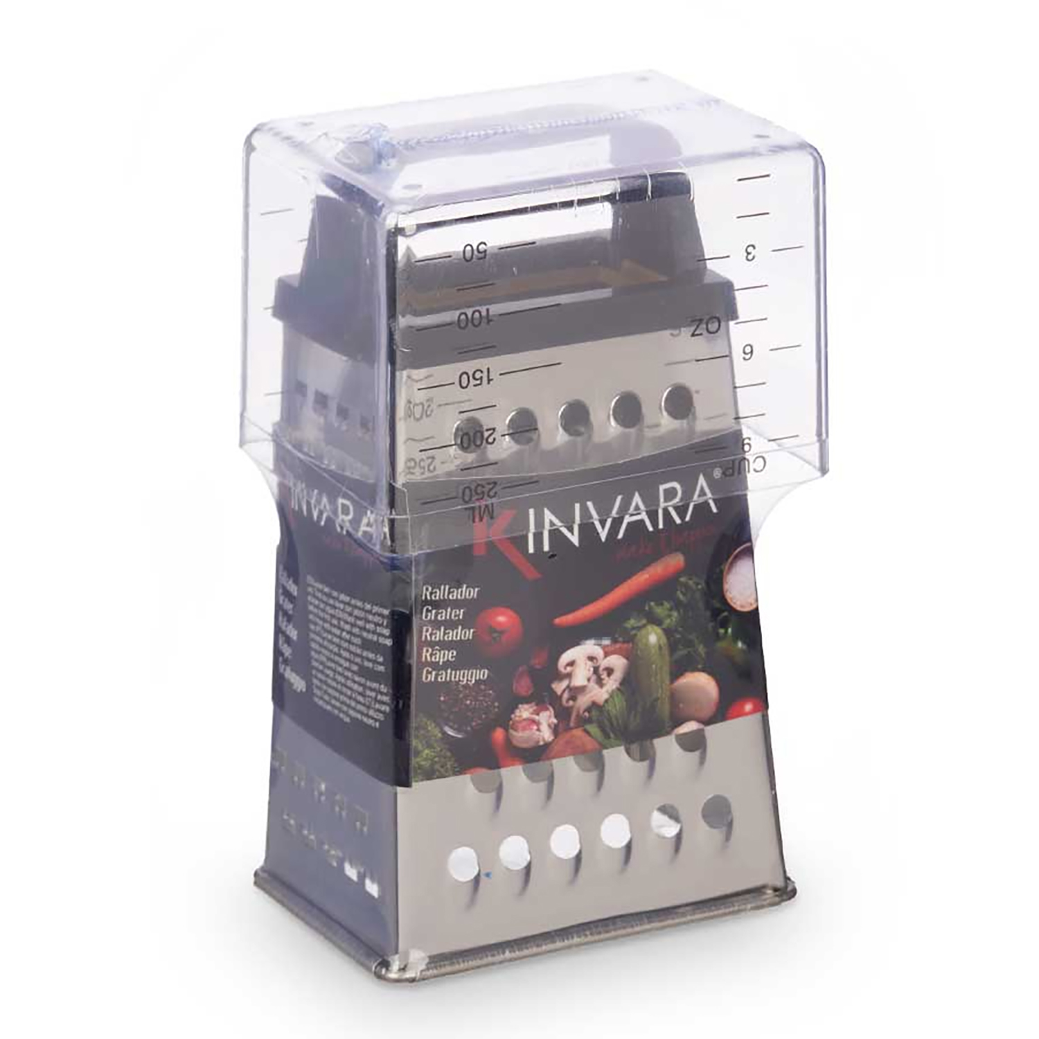 Una grattugia Invata in acciaio inox con coperchio misuratore trasparente e grafica di verdure.