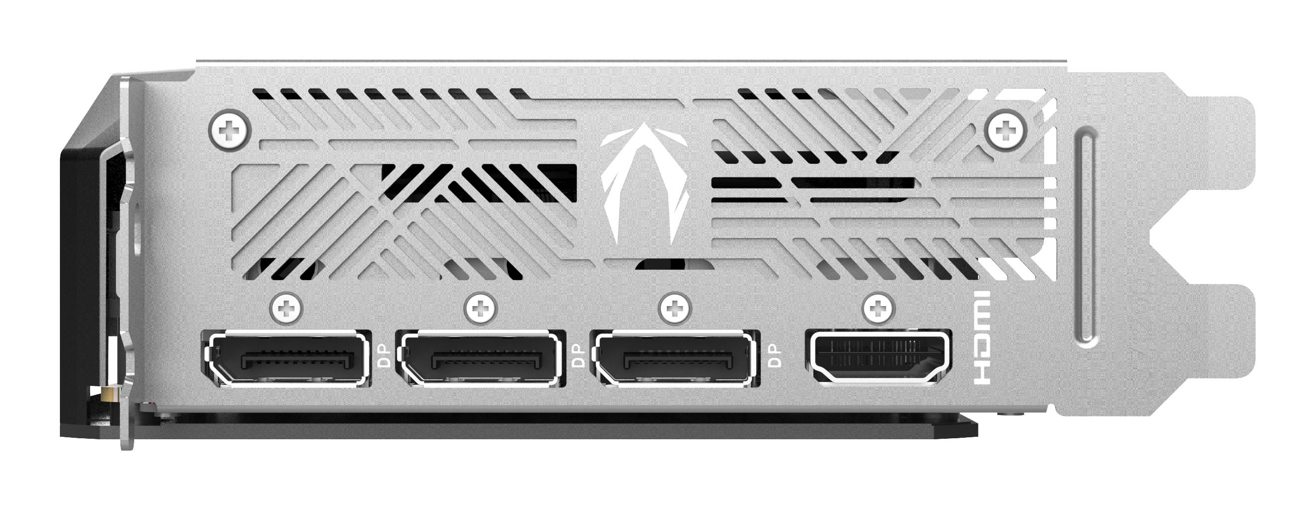 Karta graficzna z otworami wentylacyjnymi, porty: 3x DP, 1x HDMI. Srebrna metalowa obudowa.