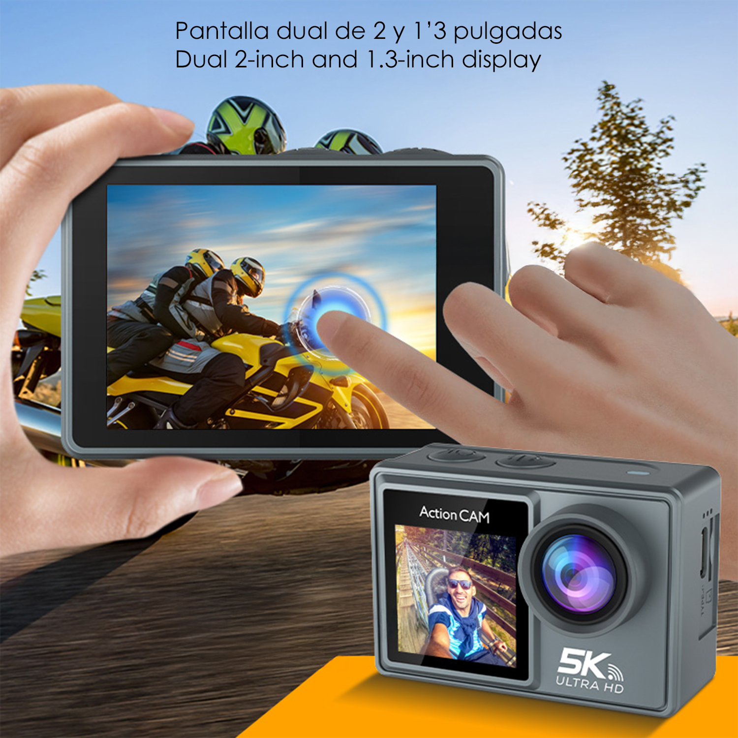Action-Kamera mit zwei Displays, zeigt Motorradfahrer und Selfie.