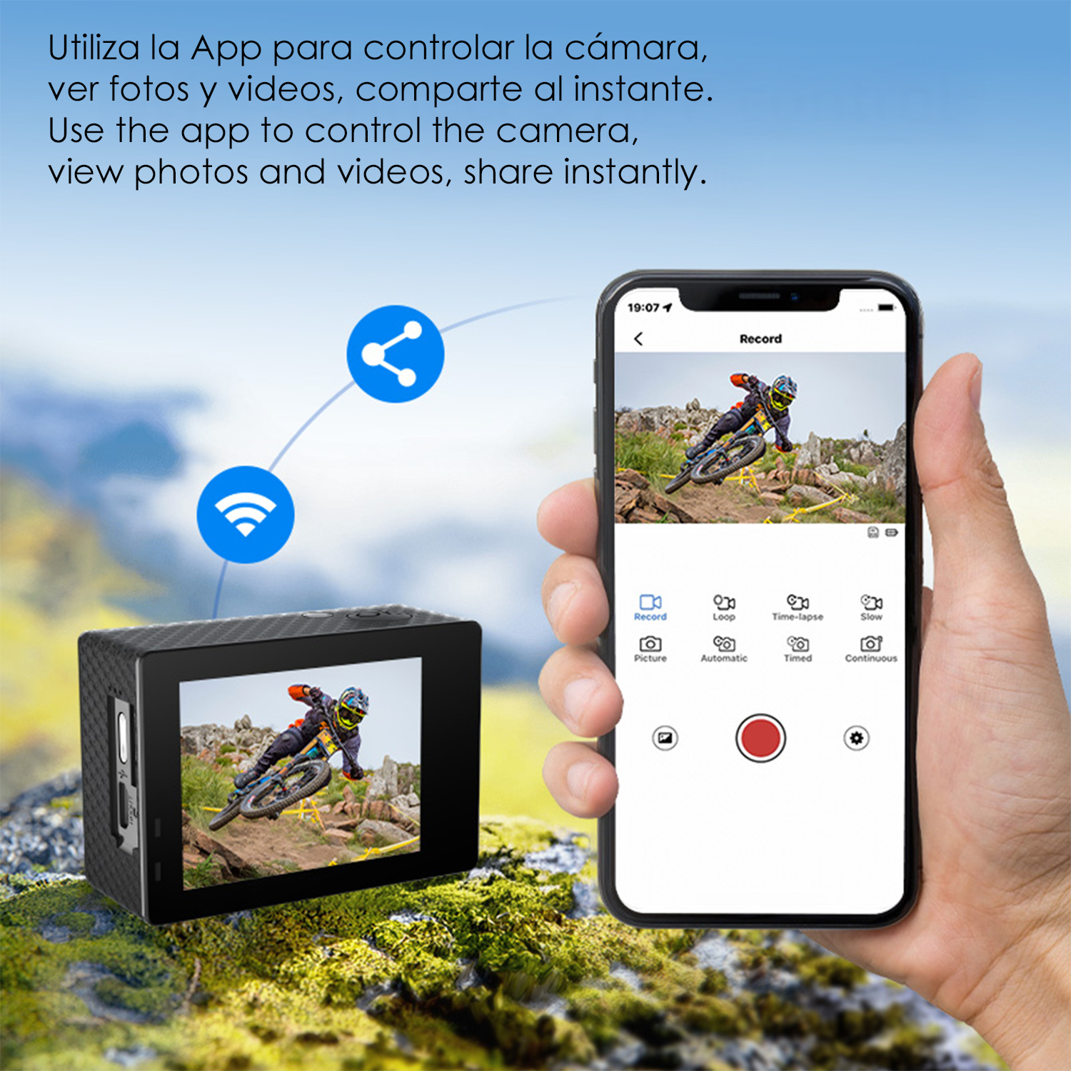 Eine Action-Kamera wird neben einem Smartphone gezeigt, das eine Aufnahme-App anzeigt.