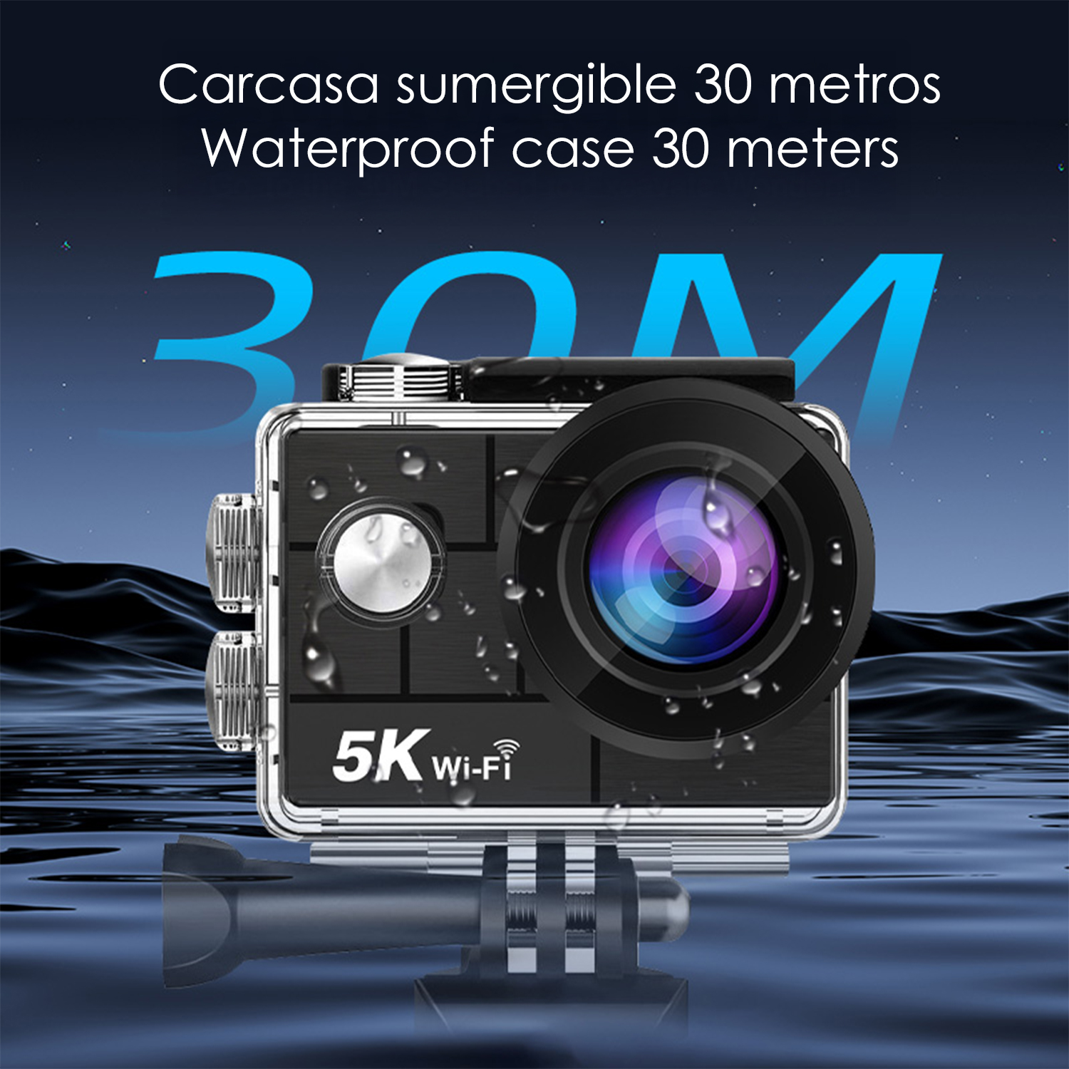 Wasserdichte Kamera mit 5K, Wi-Fi, auf dem Wasser mit 30M-Logo.