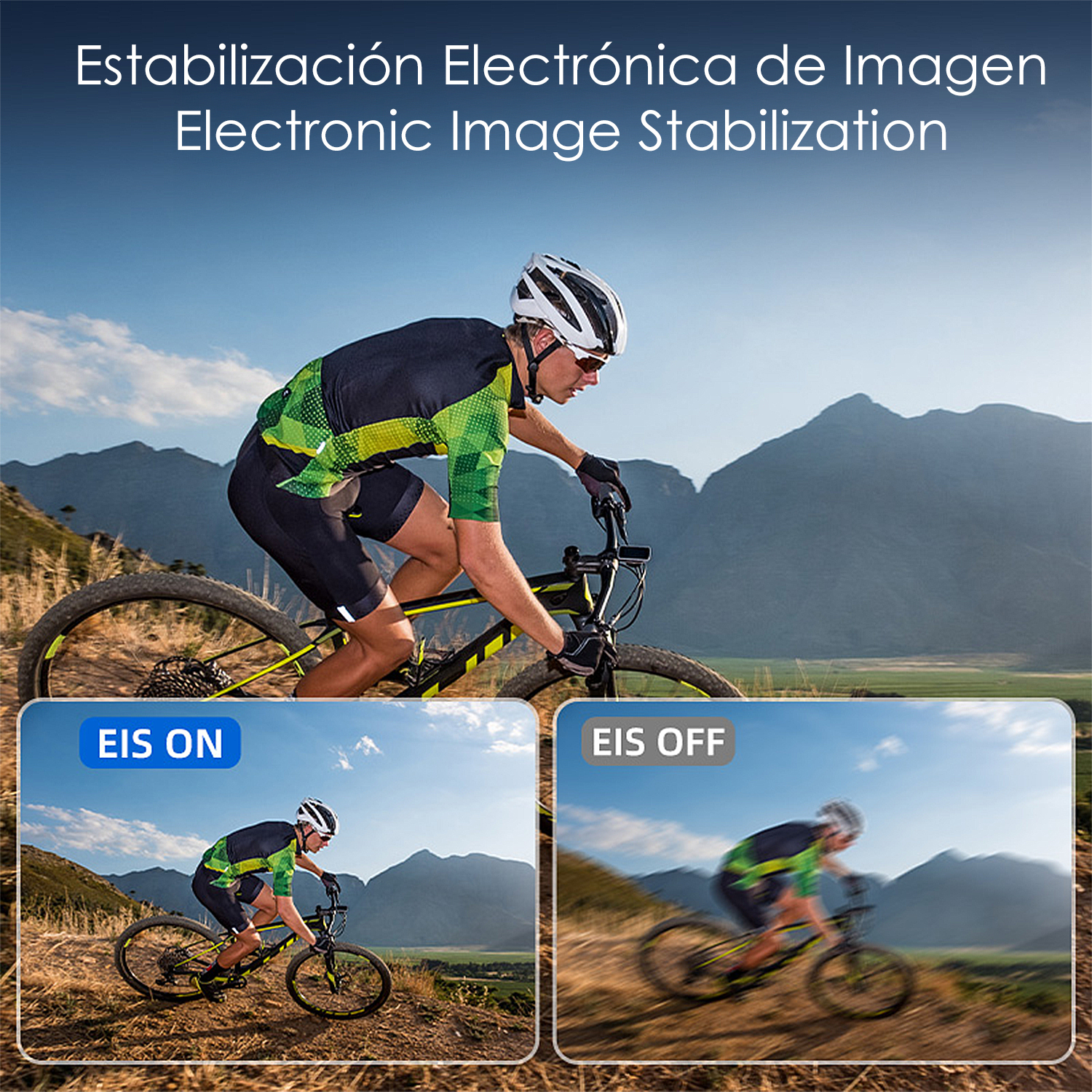 Radfahrer mit EIS an und aus, Berglandschaft, blauer Himmel.