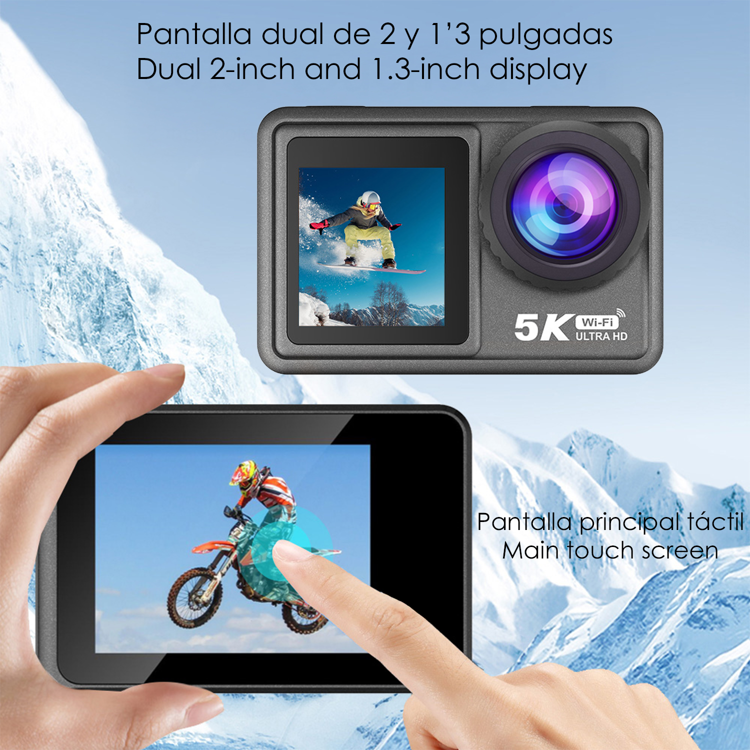 Cámara de acción con dos pantallas, muestra un snowboarder y un motociclista.