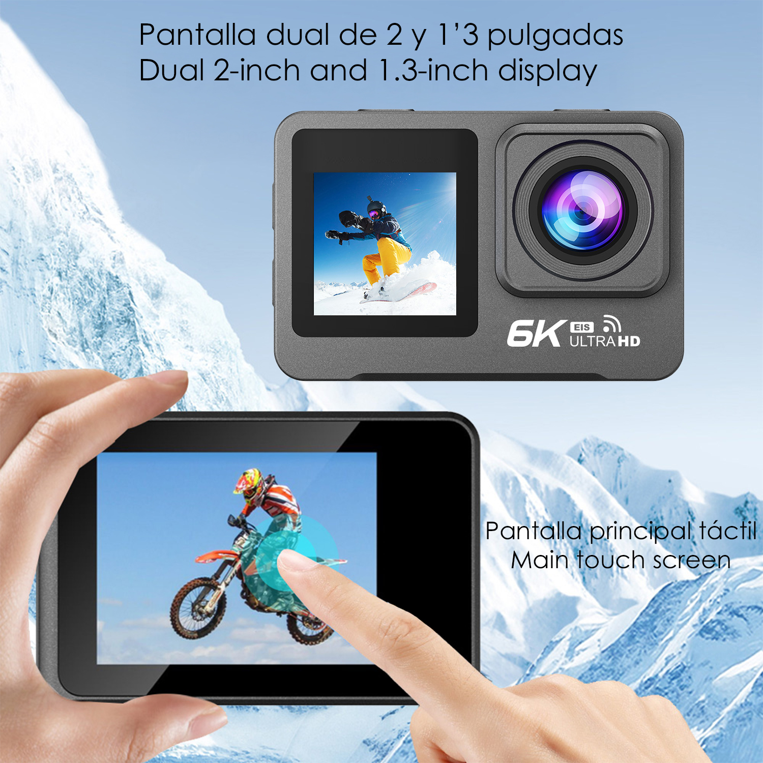 Action-Kamera mit zwei Bildschirmen, die einen Snowboarder und einen Motocross-Fahrer zeigt.