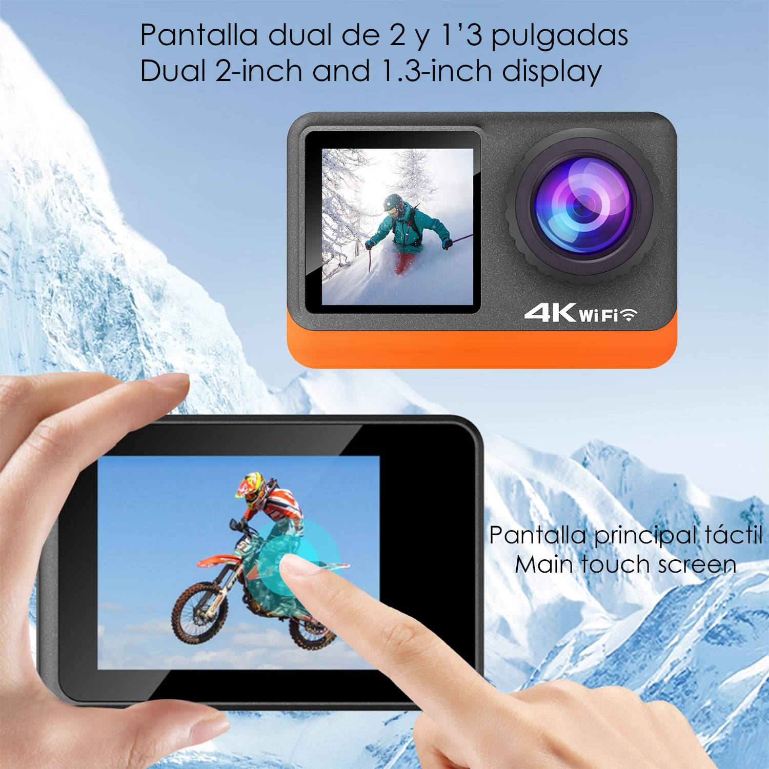 Action-Kamera mit zwei Displays. Ein Display zeigt Skifahrer, das andere Motocross-Fahrer.