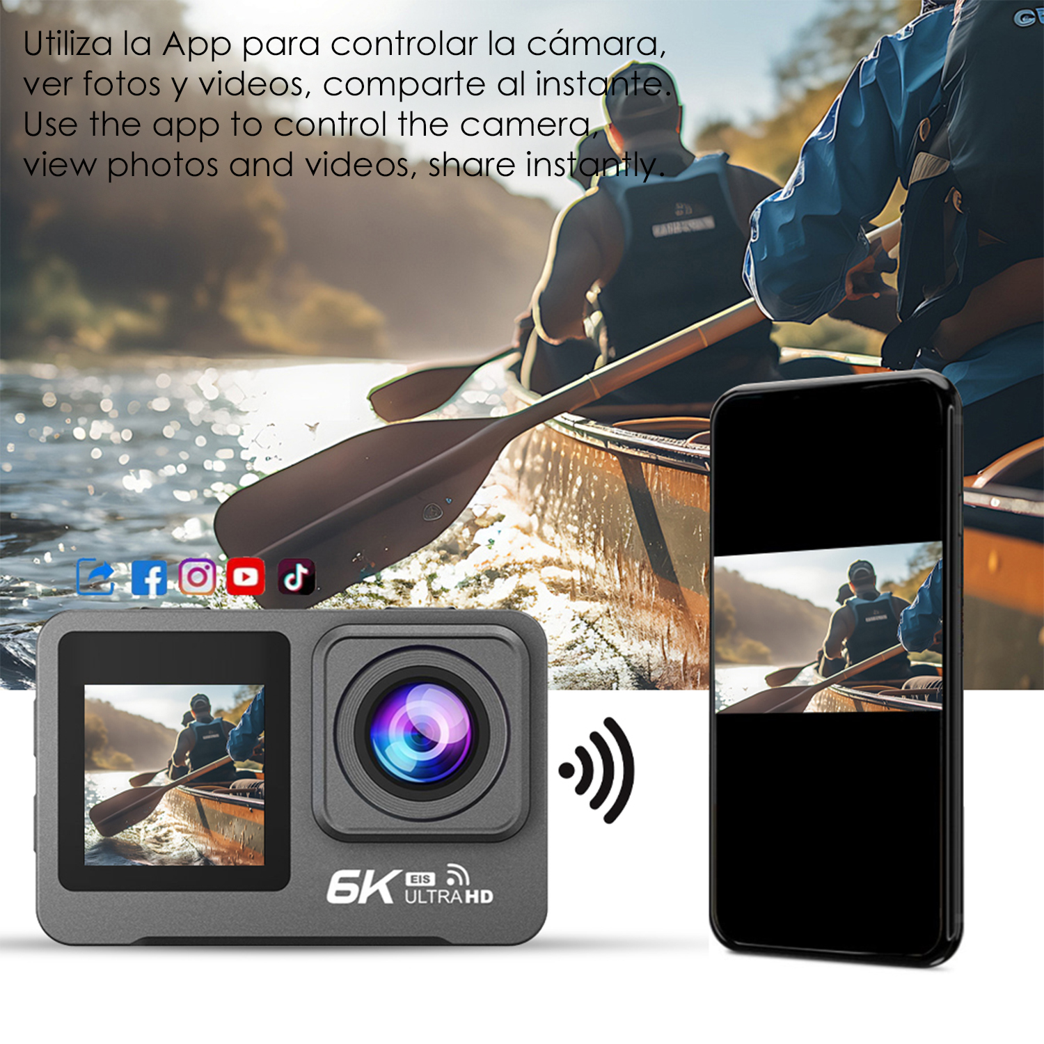Graue Action-Cam mit Bildschirm, die ein Kanu zeigt. Smartphone daneben.