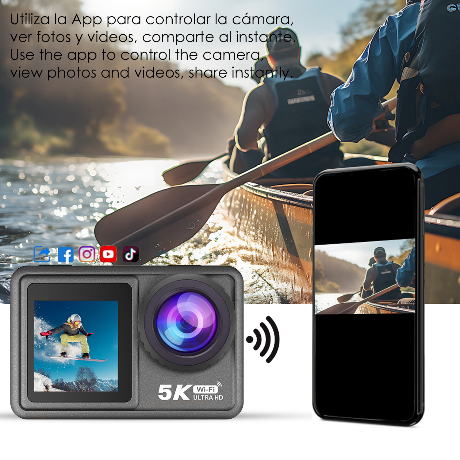 Cámara de acción con smartphone, mostrando snowboarder y canoístas.