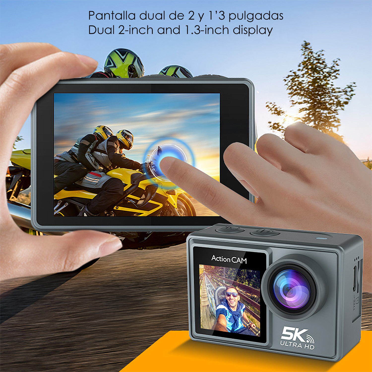 Action-Kamera mit zwei Displays, eines zeigt Motorradfahrer, das andere Selfie.