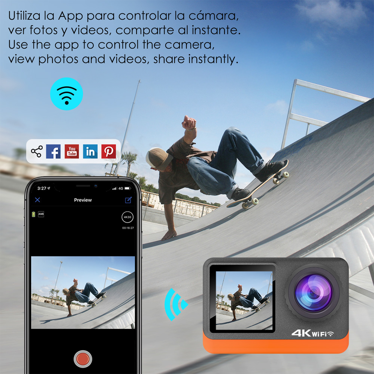 Ein Skateboarder fährt eine Rampe, daneben ein Smartphone und eine Action-Kamera.