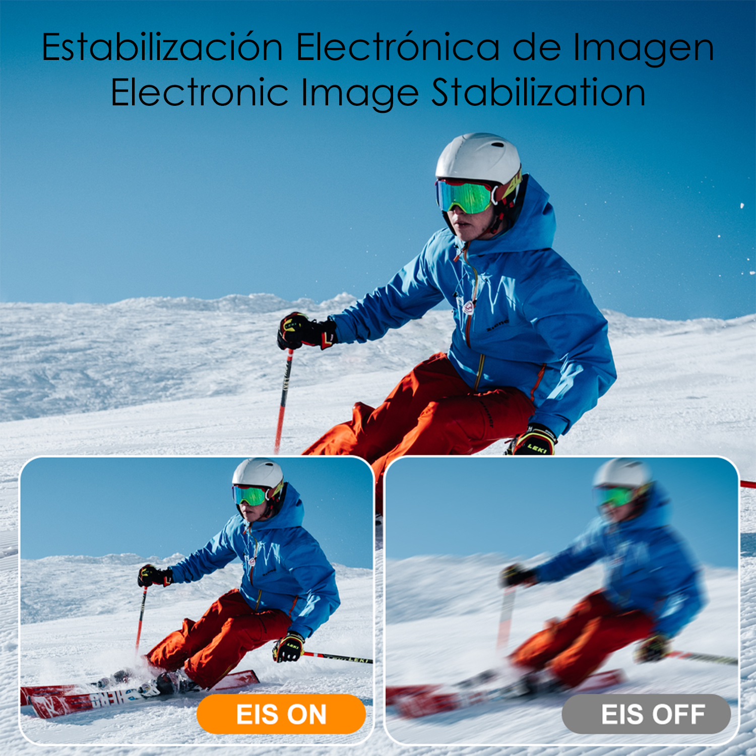 Skifahrer mit EIS an und aus: Ein Vergleich der Bildstabilisierung beim Skifahren.