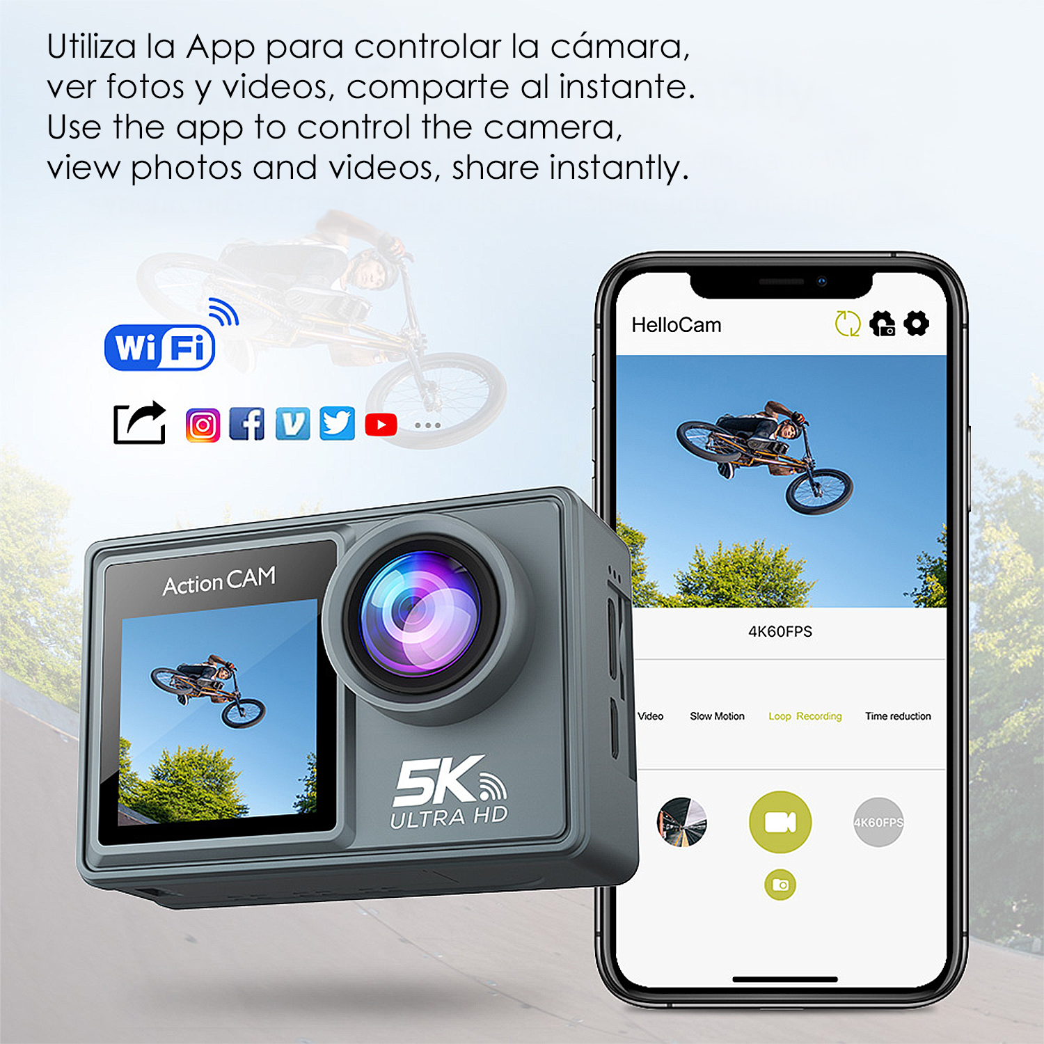 Action-Kamera und Smartphone zeigen BMX-Fahrer. WLAN-Symbole, Social-Media-Logos.