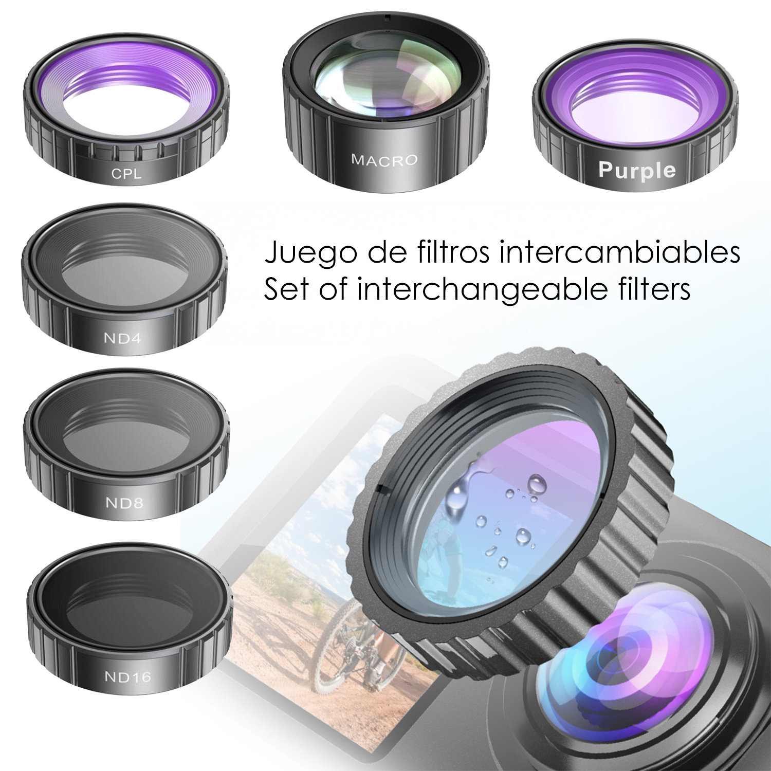 Sechs Kamerafilter: CPL, Makro, Lila, ND4, ND8, ND16.