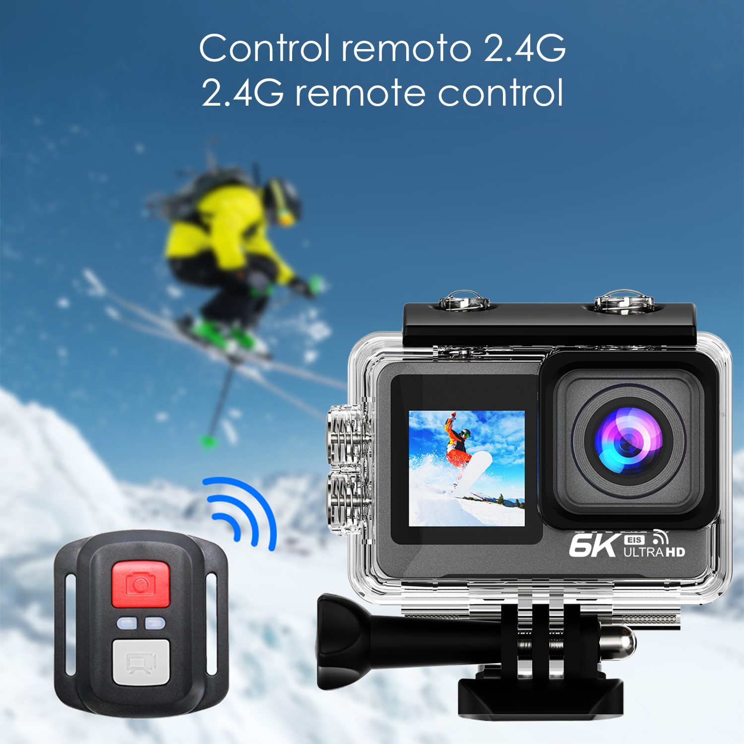 Action-Kamera mit Fernbedienung zeigt Skifahrer und Snowboarder. Schneeberg-Hintergrund.