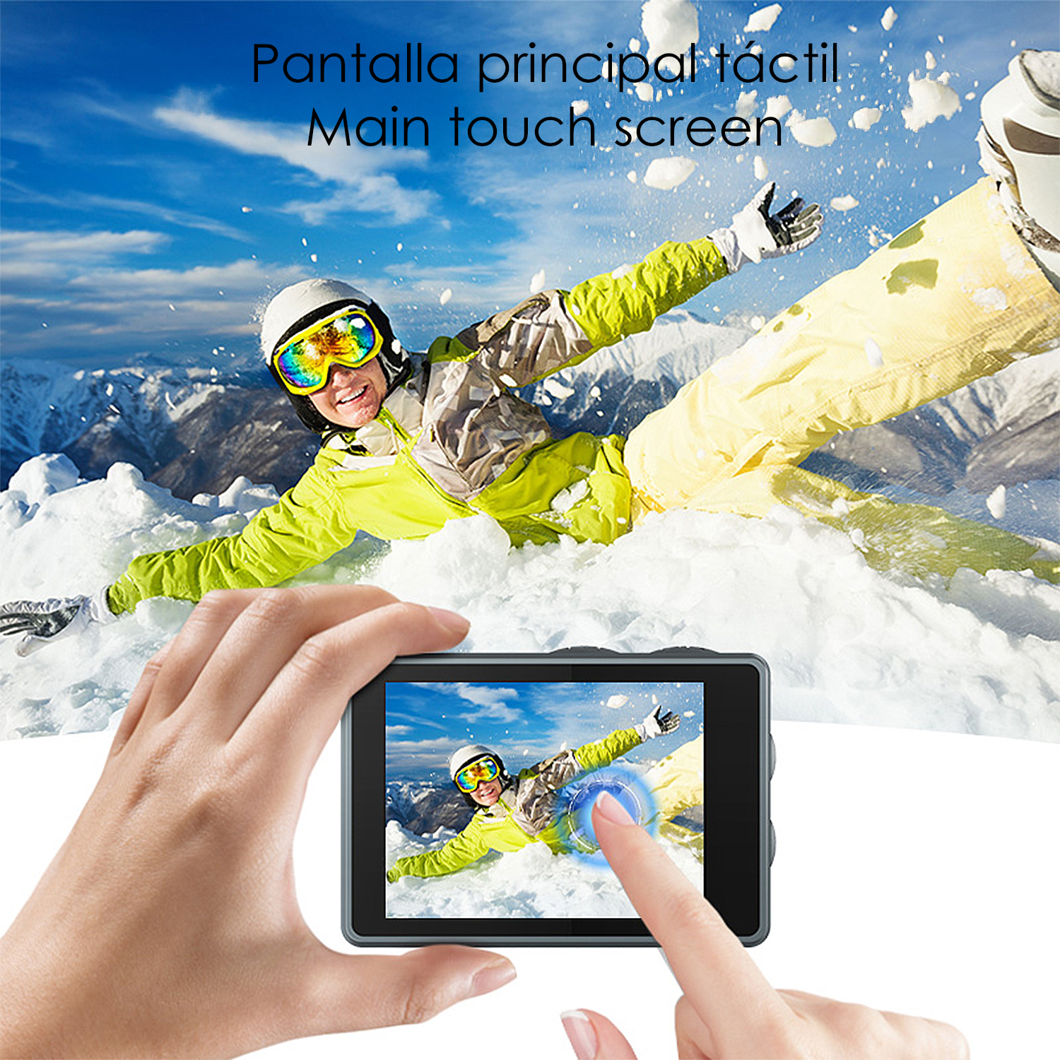 Eine Hand hält eine Kamera, die einen Snowboarder zeigt, der auf einem verschneiten Berg fährt.