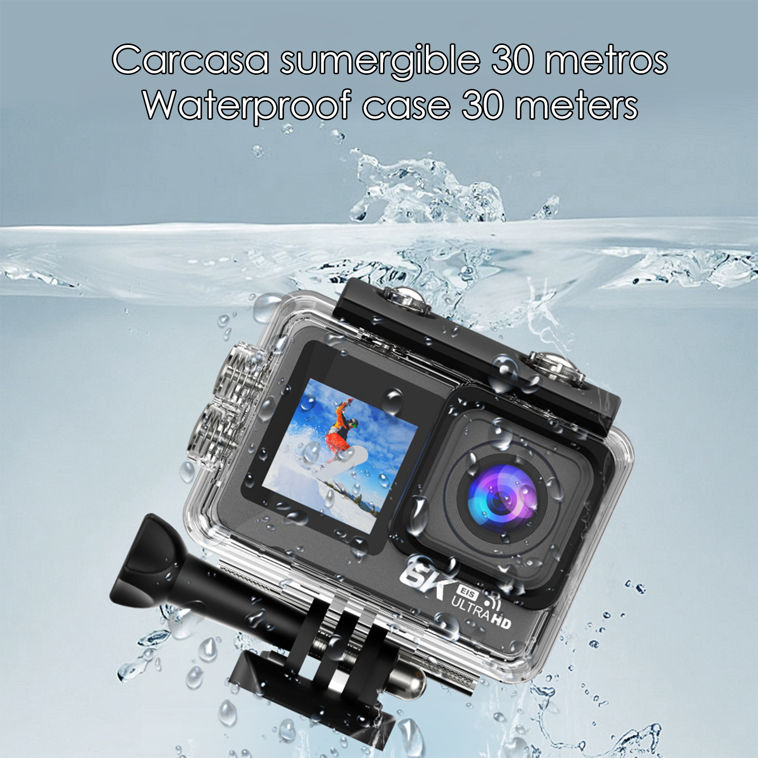 Wasserdichte Kamera im Gehäuse unter Wasser mit Wassertropfen.