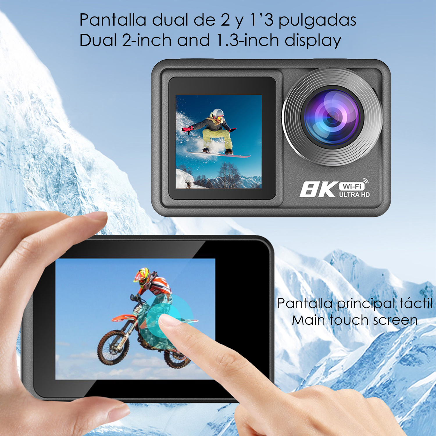 Cámara de acción con dos pantallas: snowboarder arriba, motociclista abajo.