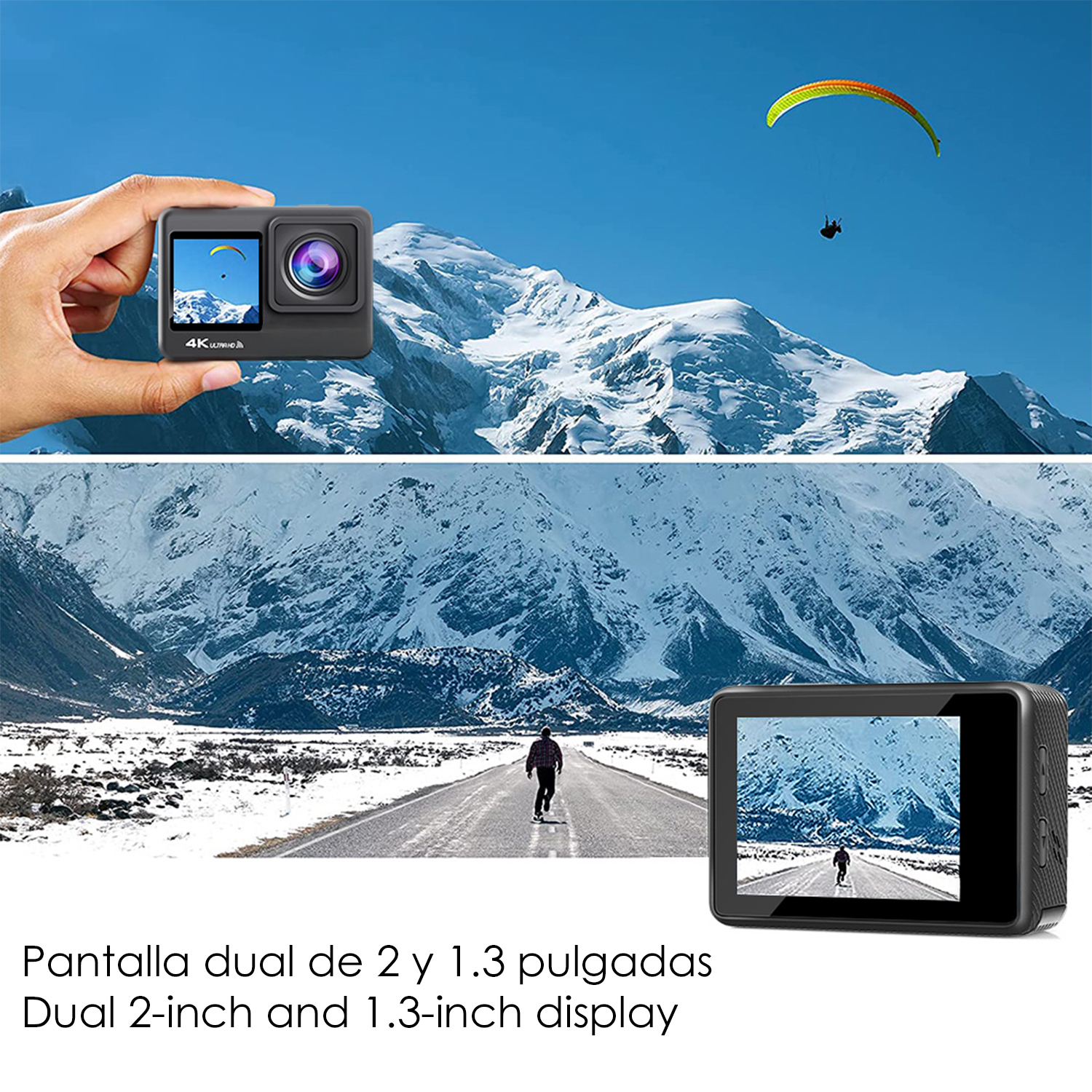Action-Kamera mit Berglandschaft und Paraglider. "Dual 2-Zoll- und 1,3-Zoll-Display".