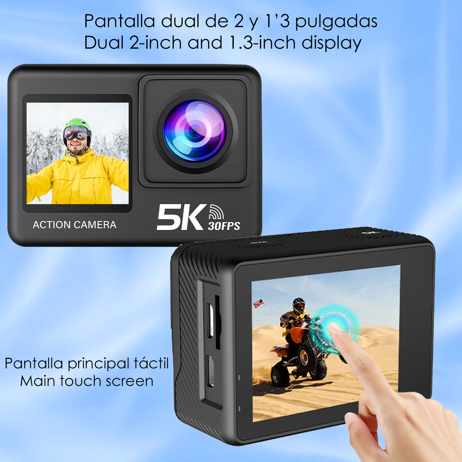 Dos cámaras de acción con pantallas táctiles de 2 y 1,3 pulgadas.