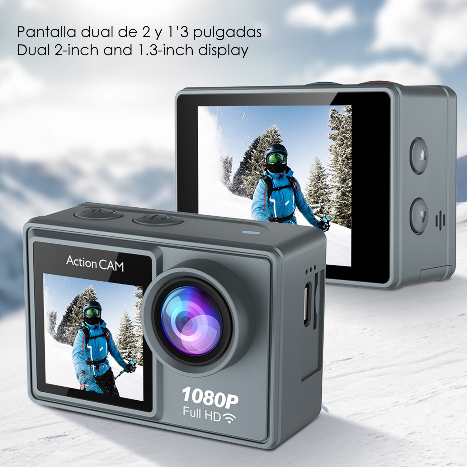 Graue Action-Kamera mit zwei Displays zeigt Skifahrer im Schnee.