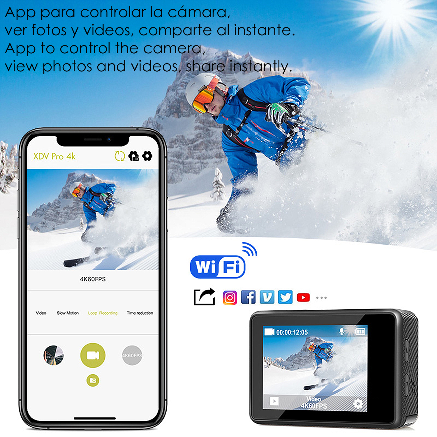 Action-Kamera-Werbung mit Snowboarder, Smartphone-App und Kamera.