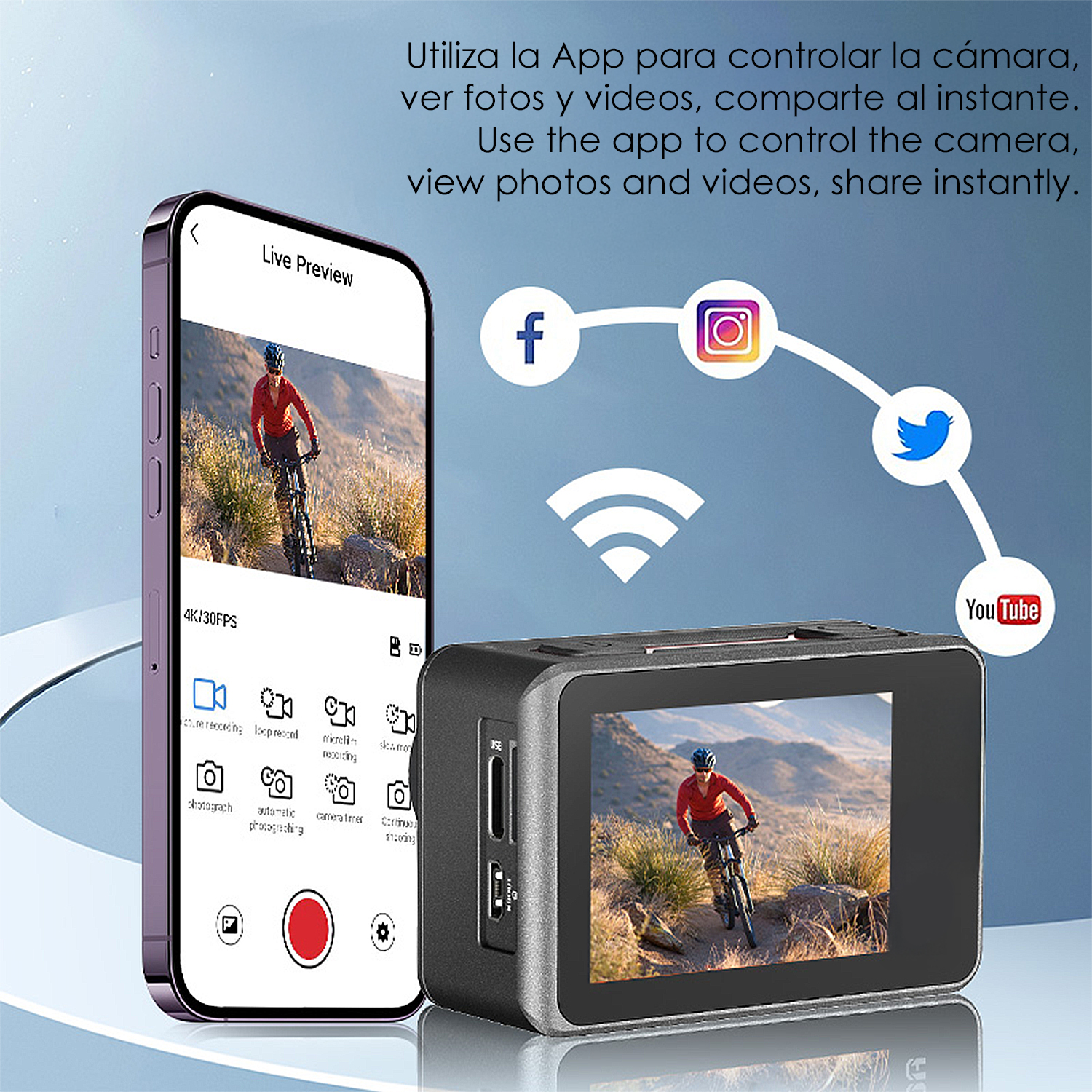 Un smartphone muestra app de cámara, al lado una cámara de acción con ciclista en pantalla.