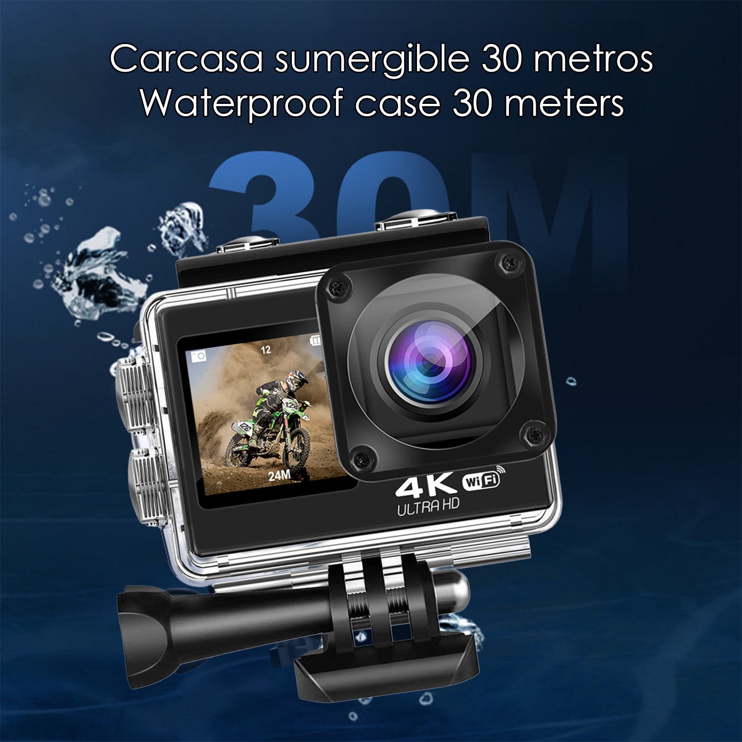 Wasserdichte Kamera mit 4K-Auflösung, zeigt Motorradfahrer im Display.
