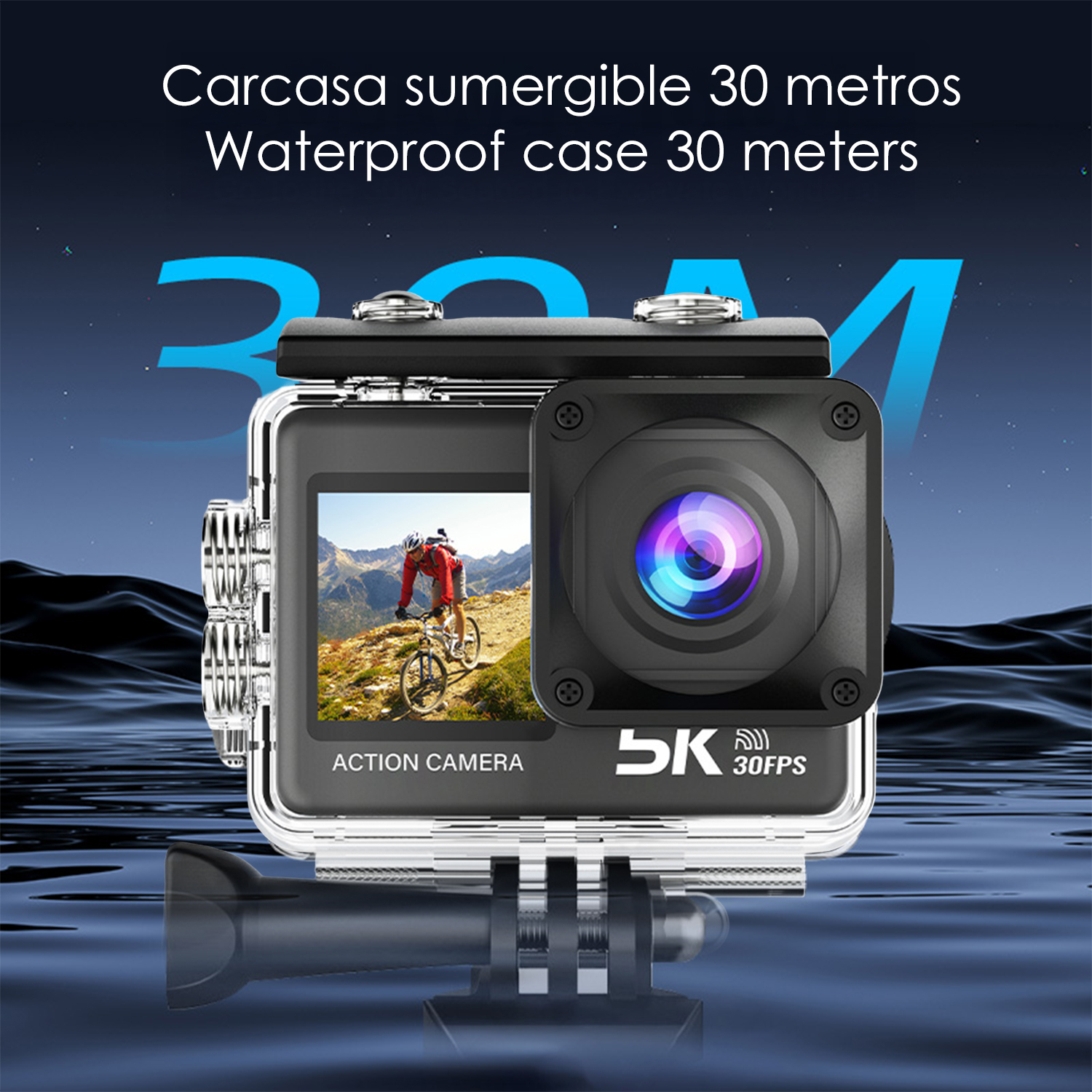 Cámara de acción impermeable muestra ciclista en sendero. 5K 30FPS.