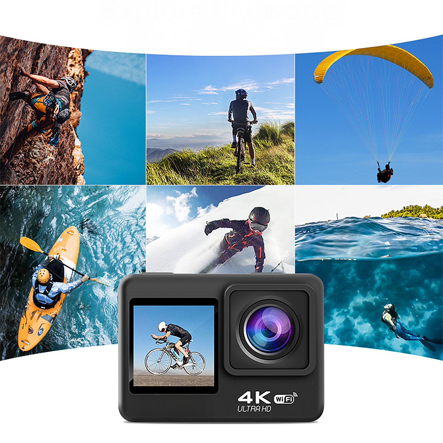 Actionkamera zeigt Klettern, Radfahren, Paragliding, Kajakfahren, Skifahren, Tauchen.
