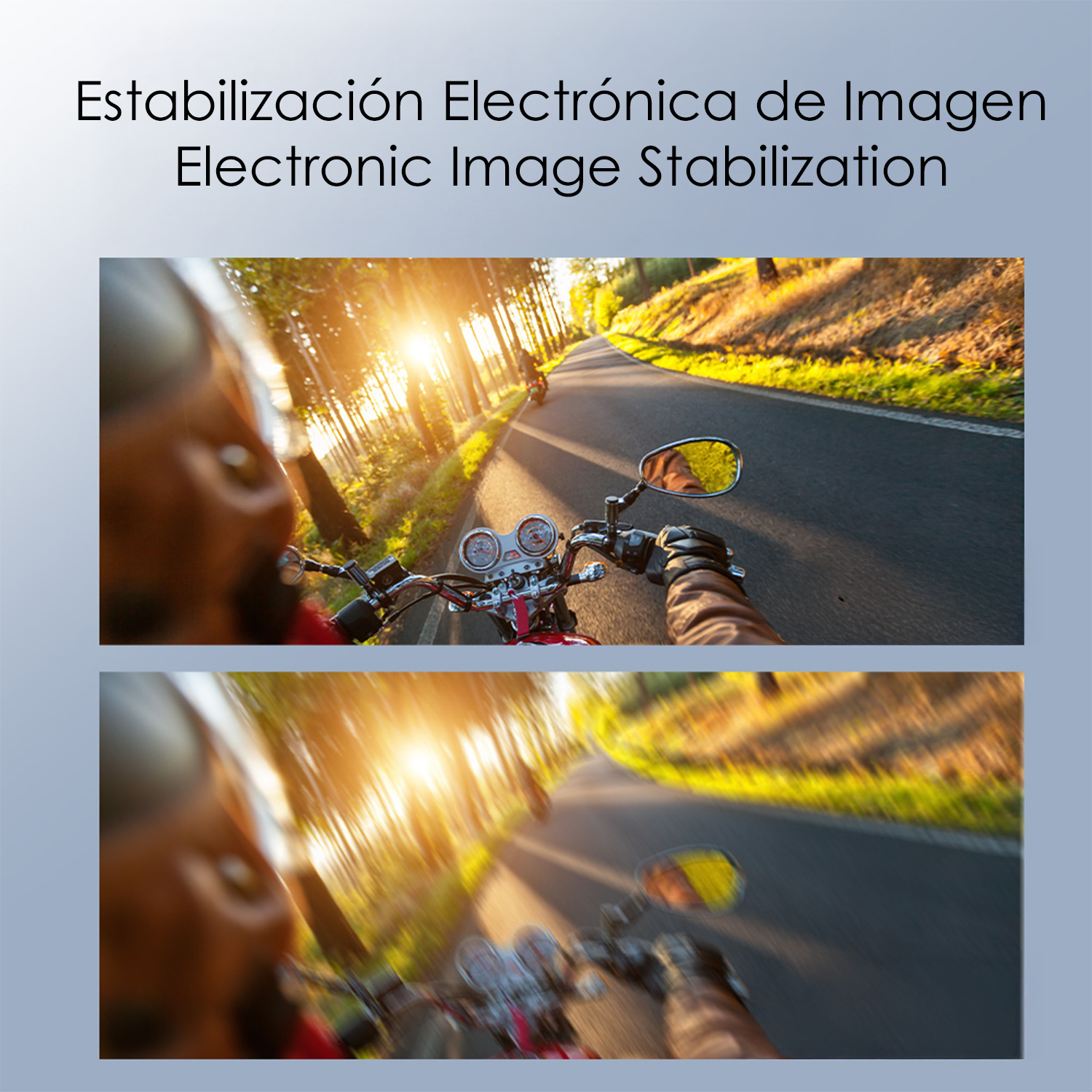 Motociclista en una carretera con luz solar, con y sin estabilización.