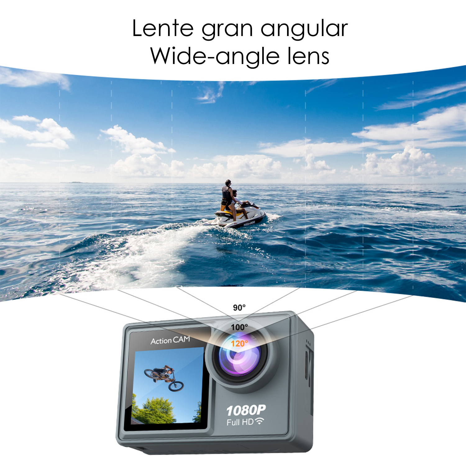 Ein Action-Camcorder mit Weitwinkelobjektiv filmt zwei Personen auf einem Jetski auf dem Meer.