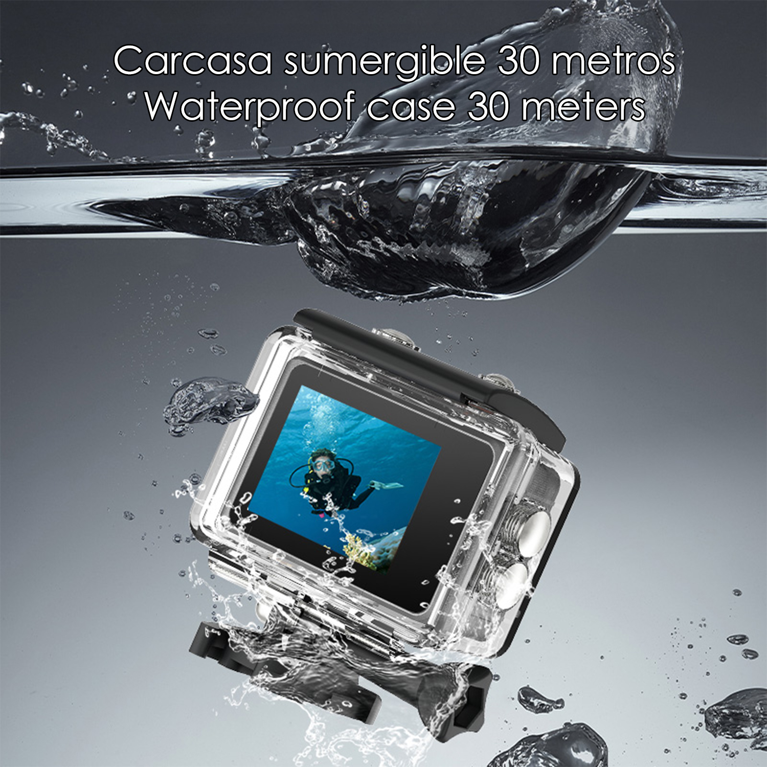 Funda impermeable con buzo en pantalla, bajo el agua.