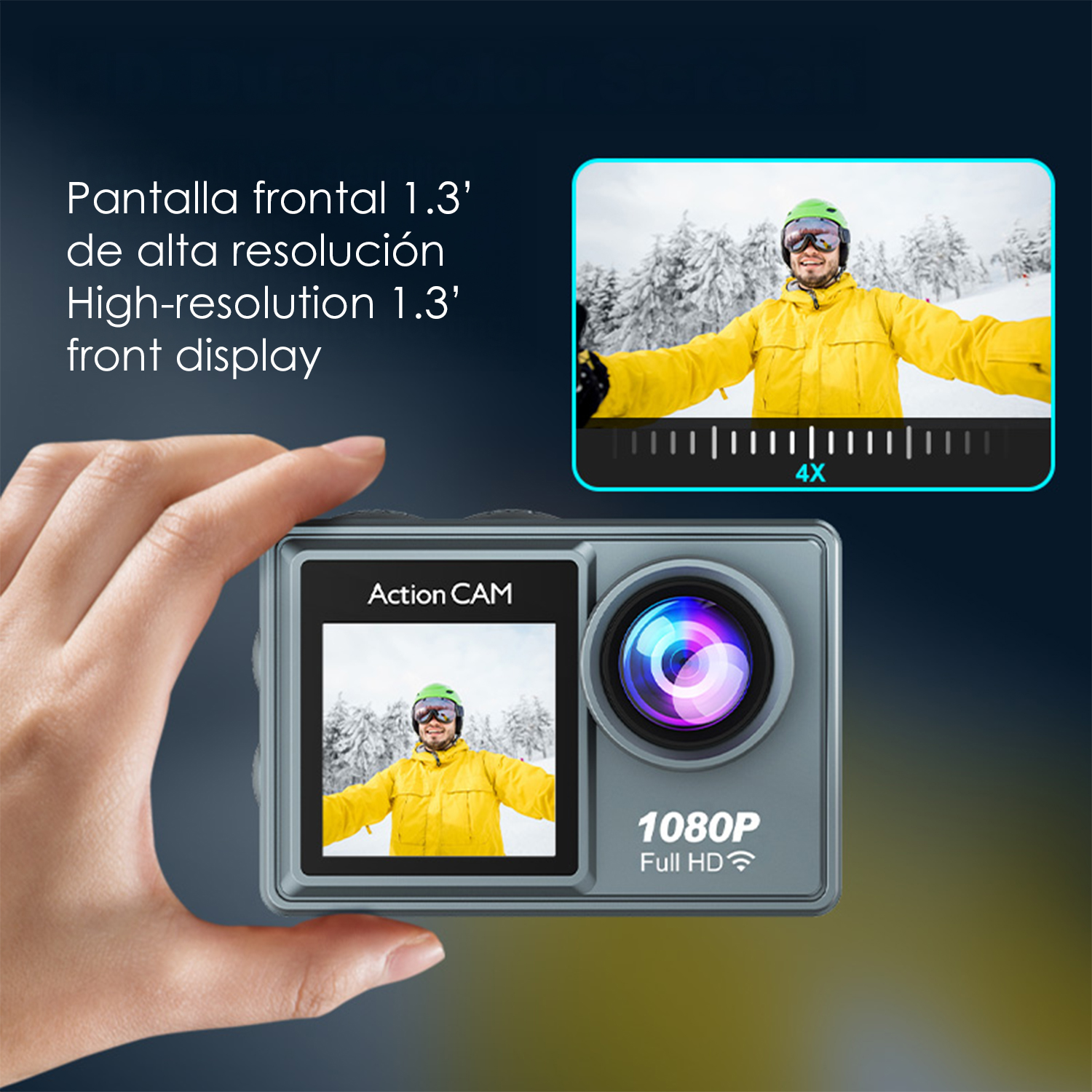 Eine Hand hält eine Action-Kamera mit einem Skifahrer auf dem Display. 1080p Full HD.