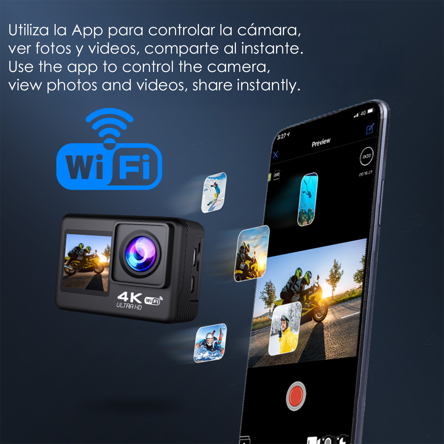 Action-Kamera mit Smartphone-App für Wi-Fi-Steuerung, zeigt Motorrad- und Ski-Action.