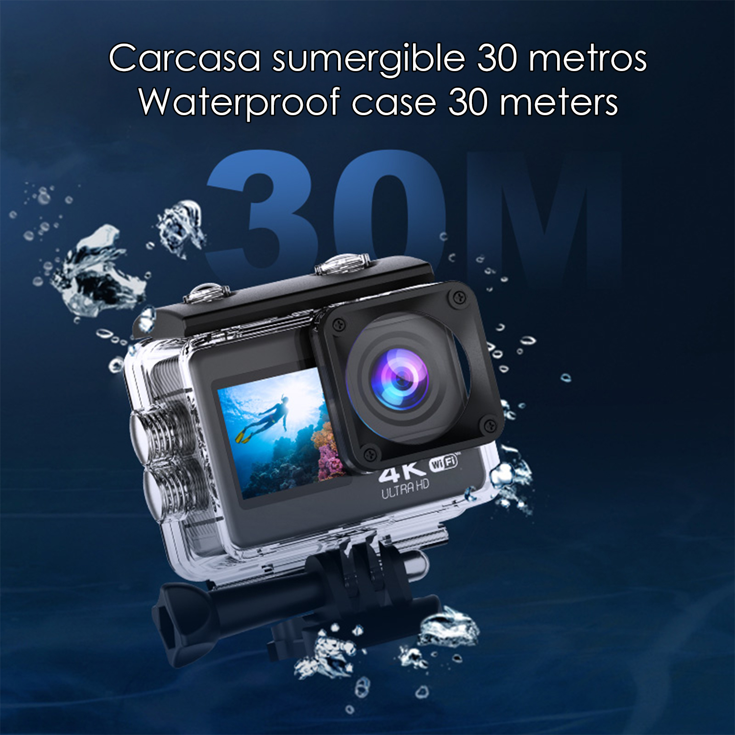 Eine wasserdichte Kamera mit 4K-Ultra-HD-Auflösung, die bis zu 30 Meter tief tauchen kann.