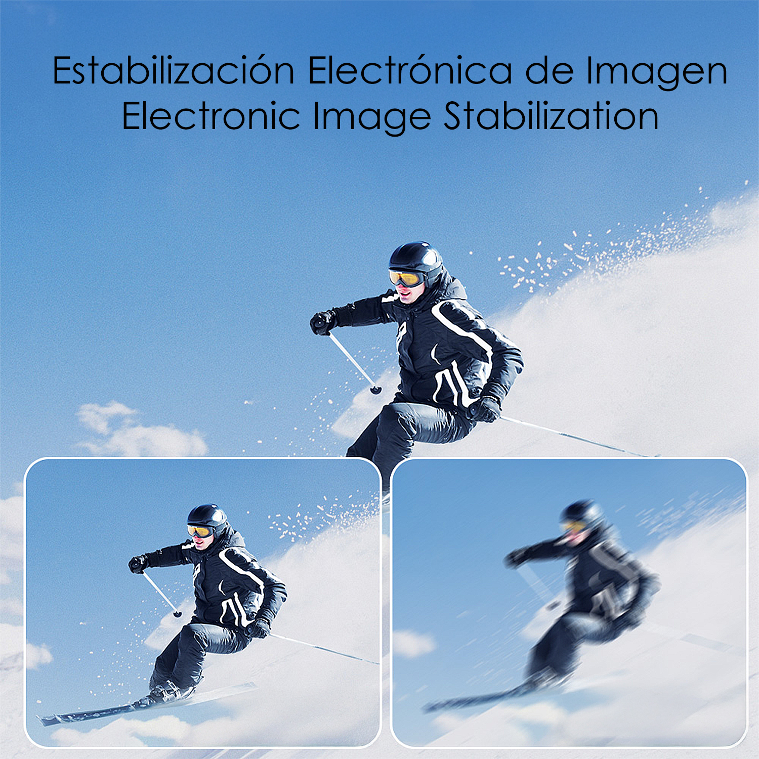 Skifahrer in Schwarz und Weiß fährt einen schneebedeckten Hang hinunter, blauer Himmel.