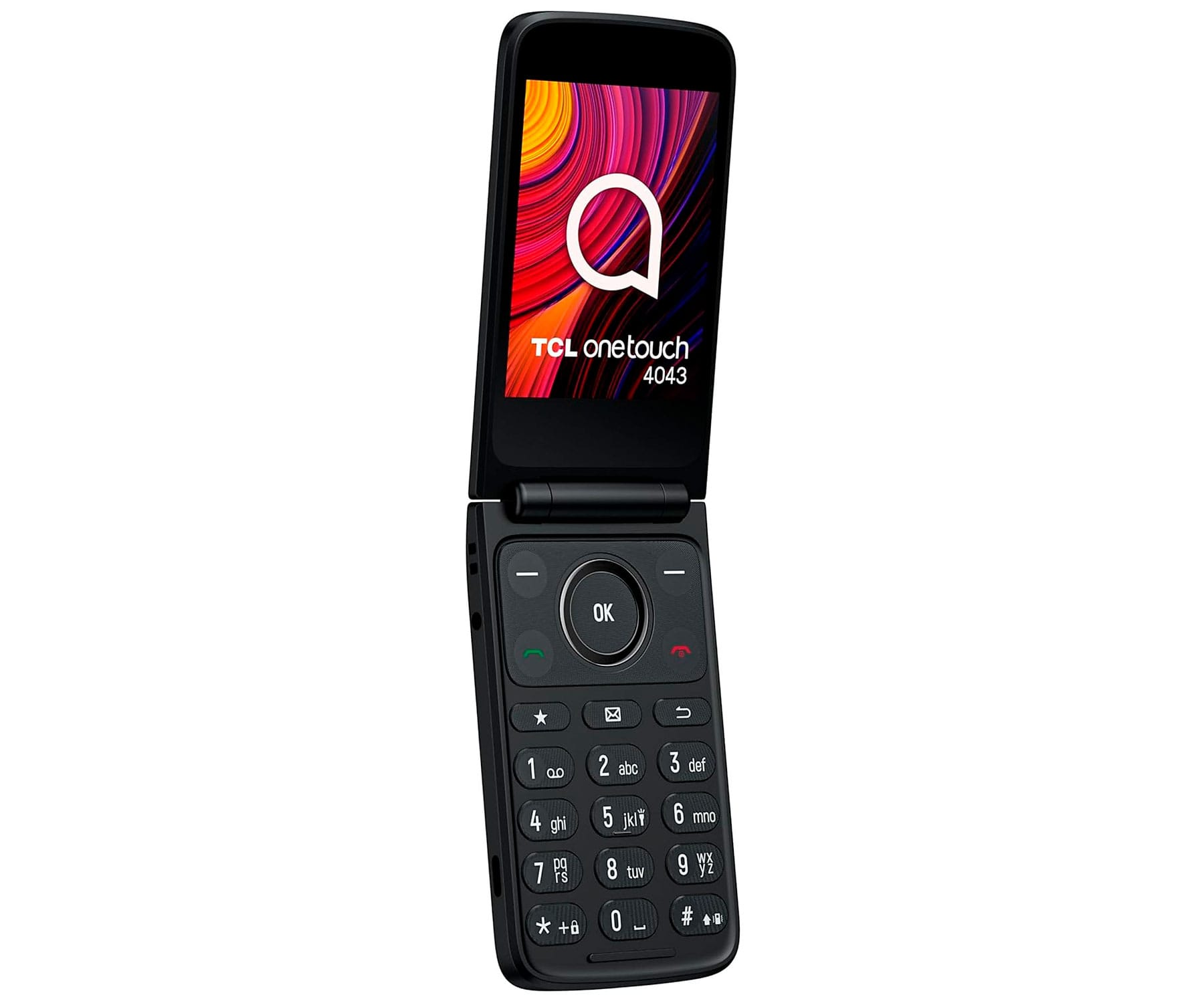 Czarny telefon klapkowy z podświetlanym ekranem i klawiaturą.