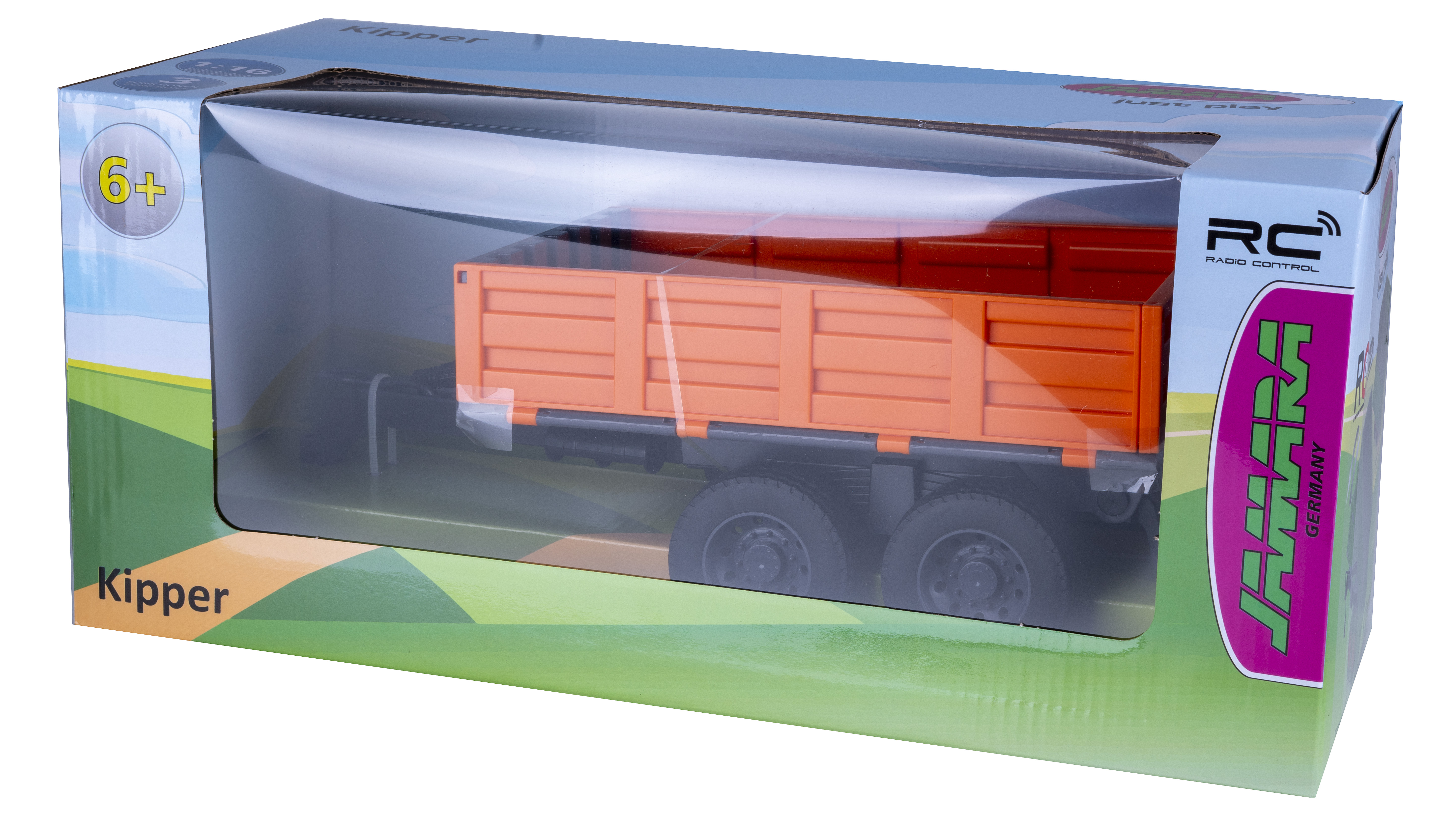 Ein orangefarbener Kipper-Spielzeug-Lastwagen in einer Verpackung mit grünen und braunen Mustern.