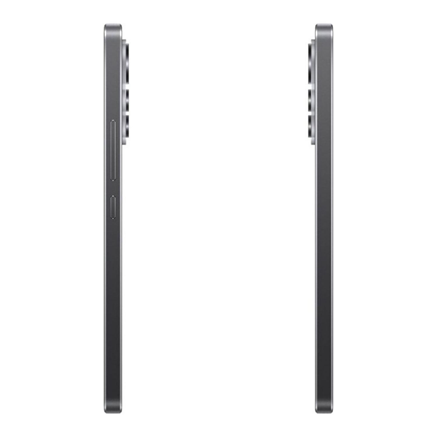 Dwa szare smartfony obok siebie, widok z profilu z aparatami.