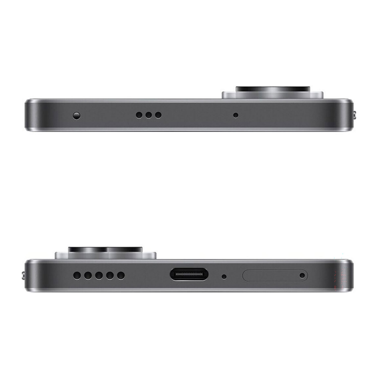 Szary smartfon od góry i od dołu pokazujący aparat i porty.