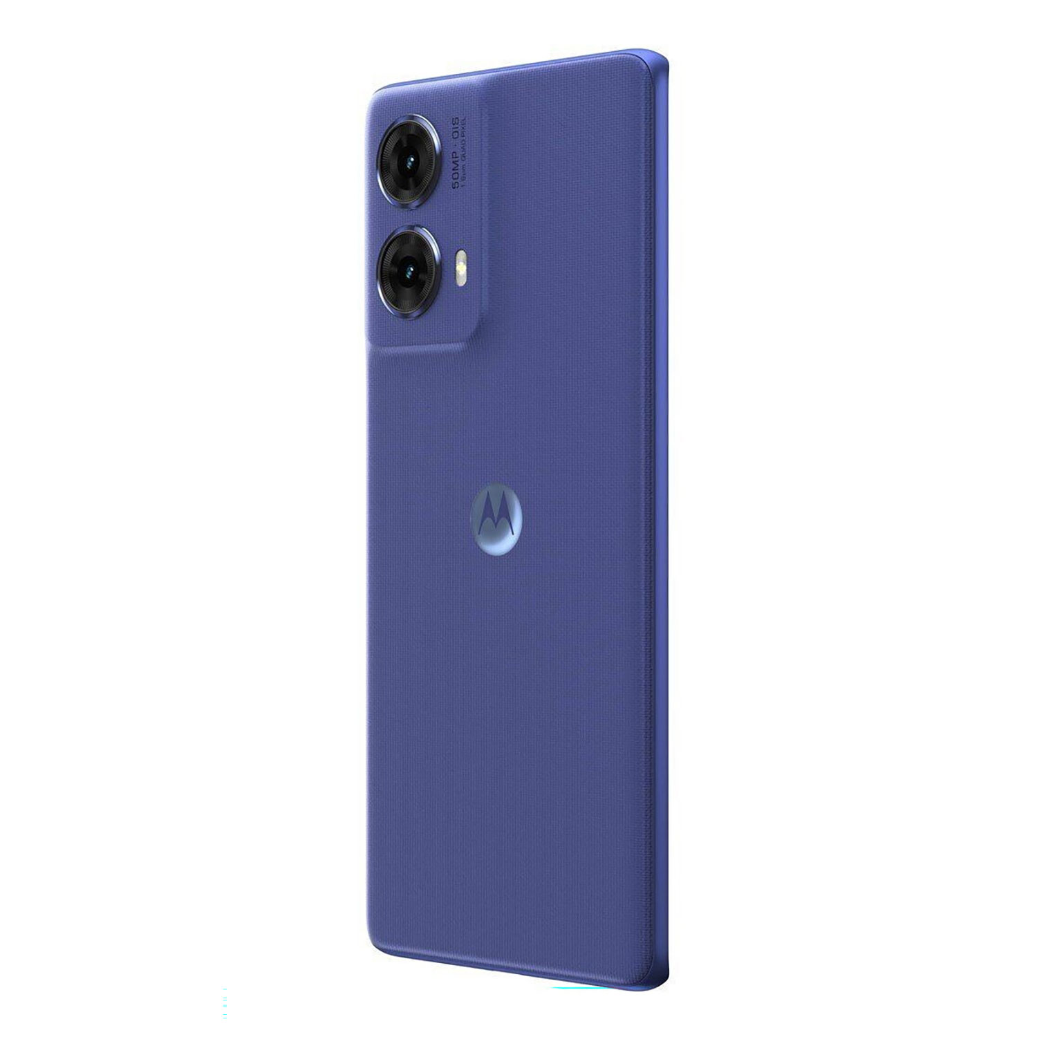 Fioletowy smartfon z dwoma aparatami i logo Motoroli.