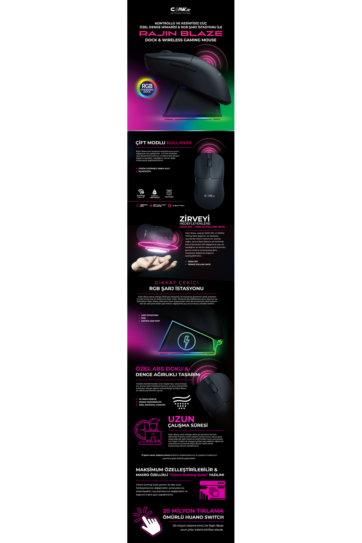 Ürün detayları olan RGB şarj istasyonunda siyah oyuncu faresi.